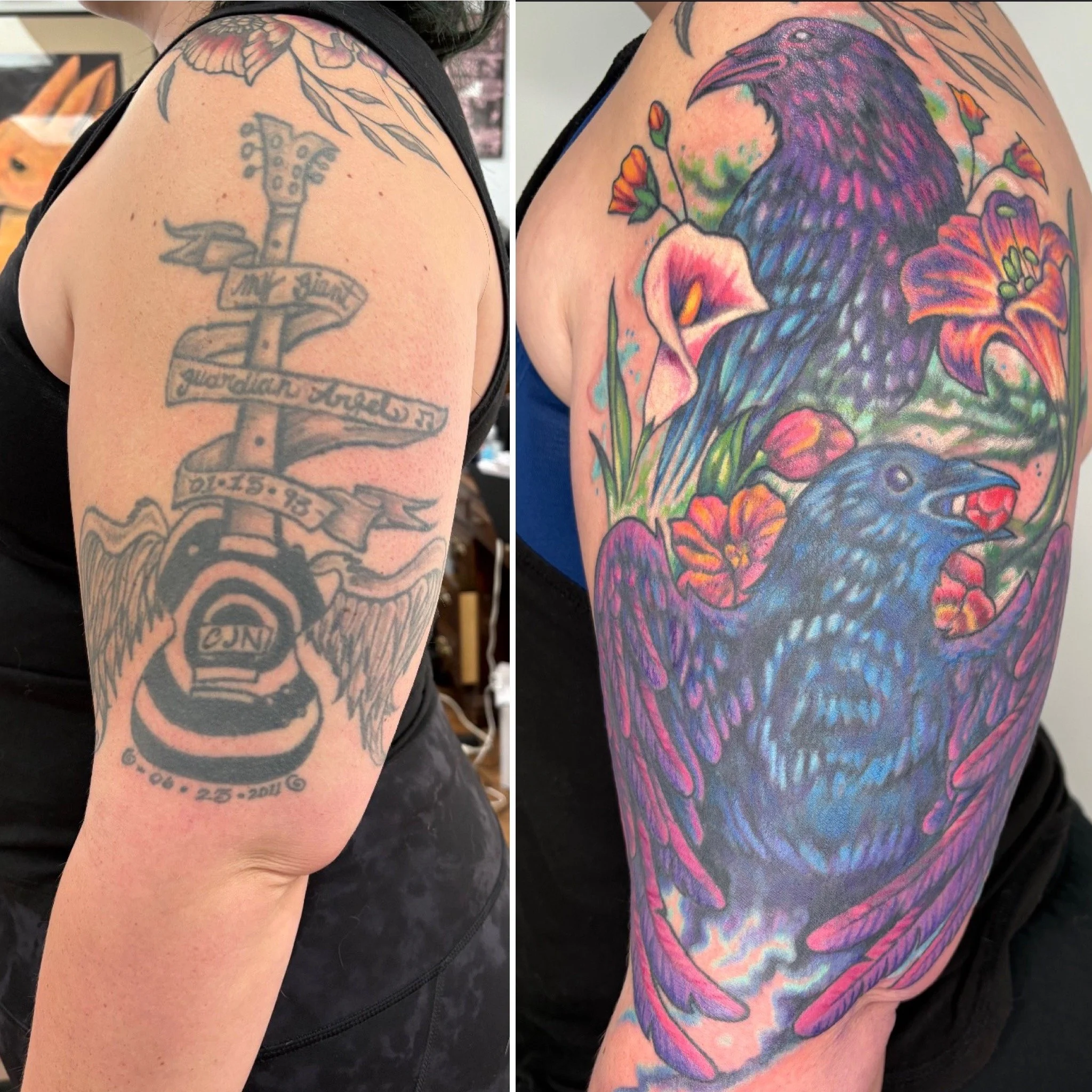 Before and after images of a person's upper arm showcasing a tattoo transformation. The left shows a faded black and gray tattoo with a sword and ribbon, and the right shows a vivid, colorful raven with flowers.
