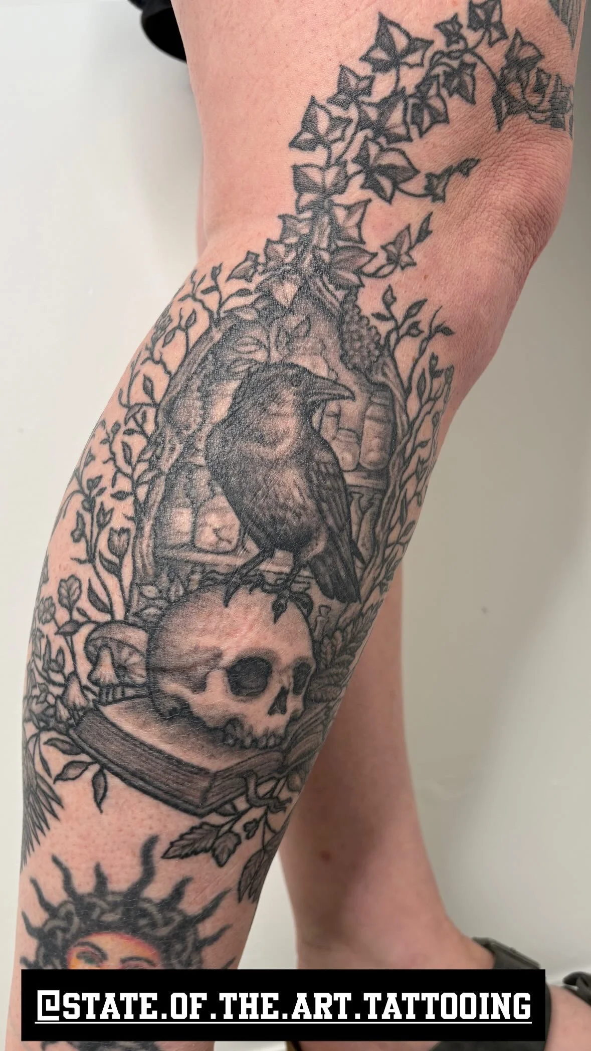 Tattoo on person's arm featuring a raven perched on a skull with an ivy vine wrapped around it. By Neil Stavely in Winchester Virginia State Of The Art Tattooing 