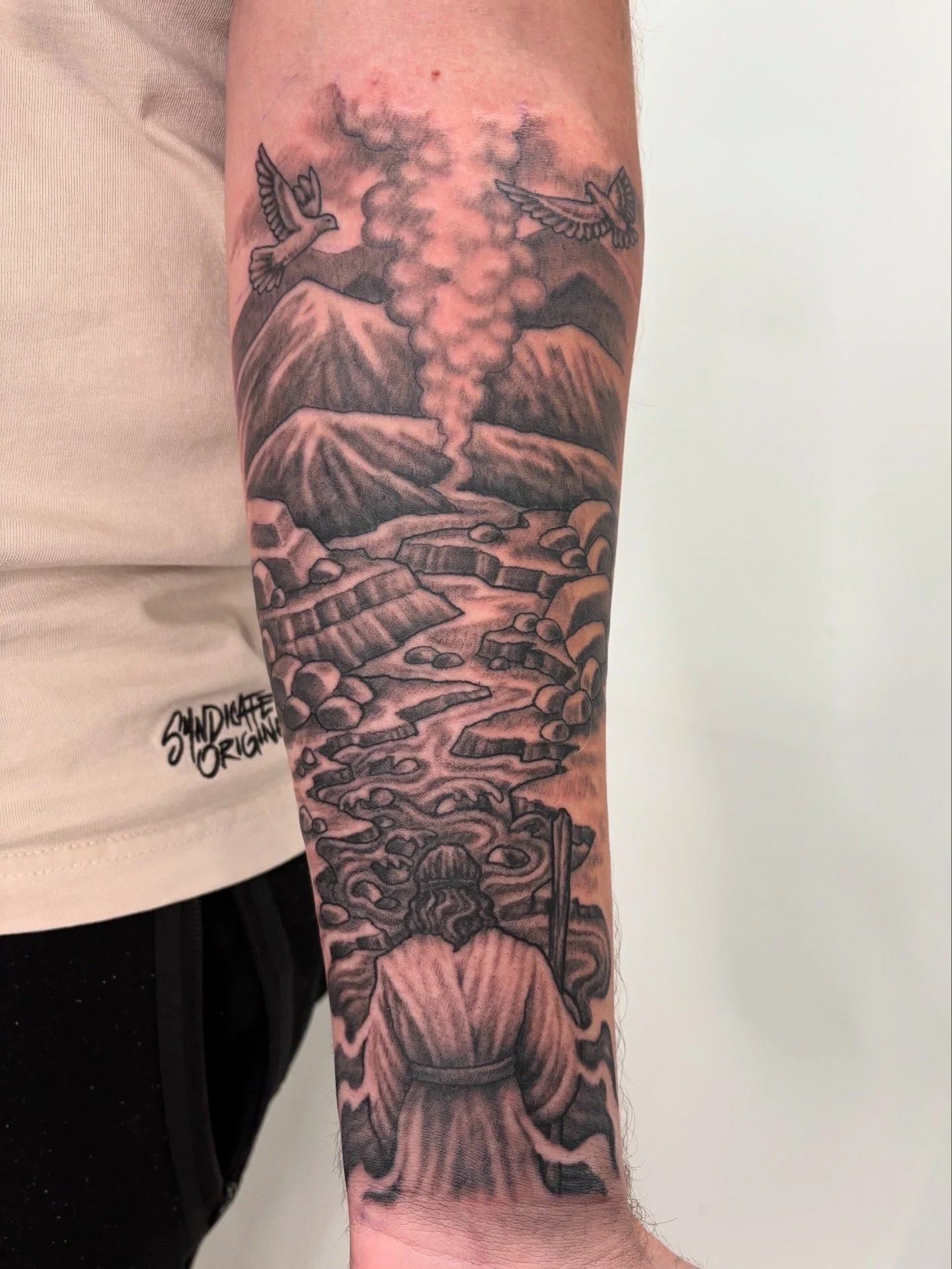 Black and gray tattoo on person's arm depicting a volcanic landscape with mountains, smoke plume, two flying birds, flowing lava, and rocky terrain. State Of The Art Tattooing Winchester Virginia 