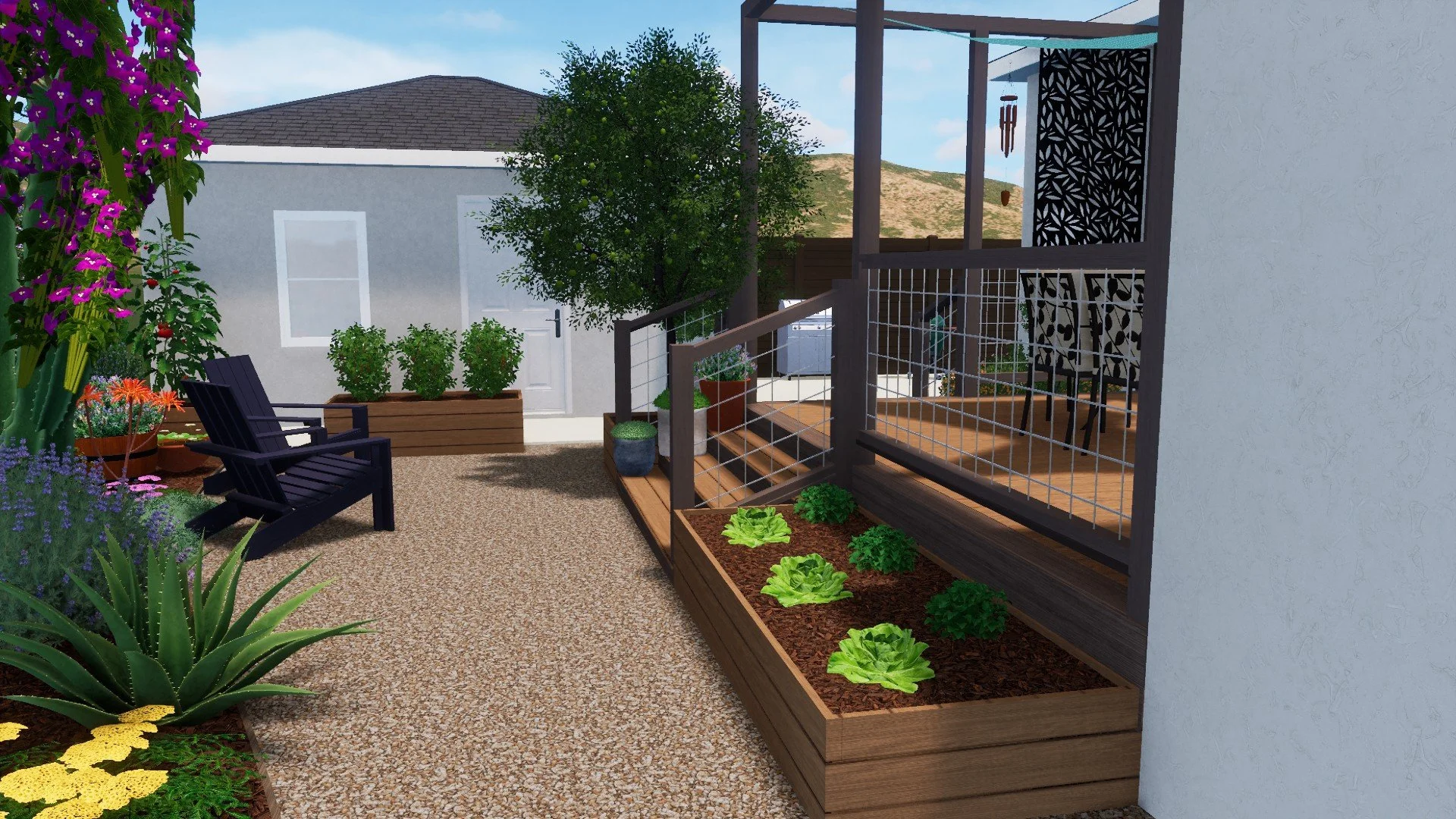 Long Beach backyard with deck, shade sails, edible raised garden beds, trellis railings, gravel paths and drought-tolerant landscape.