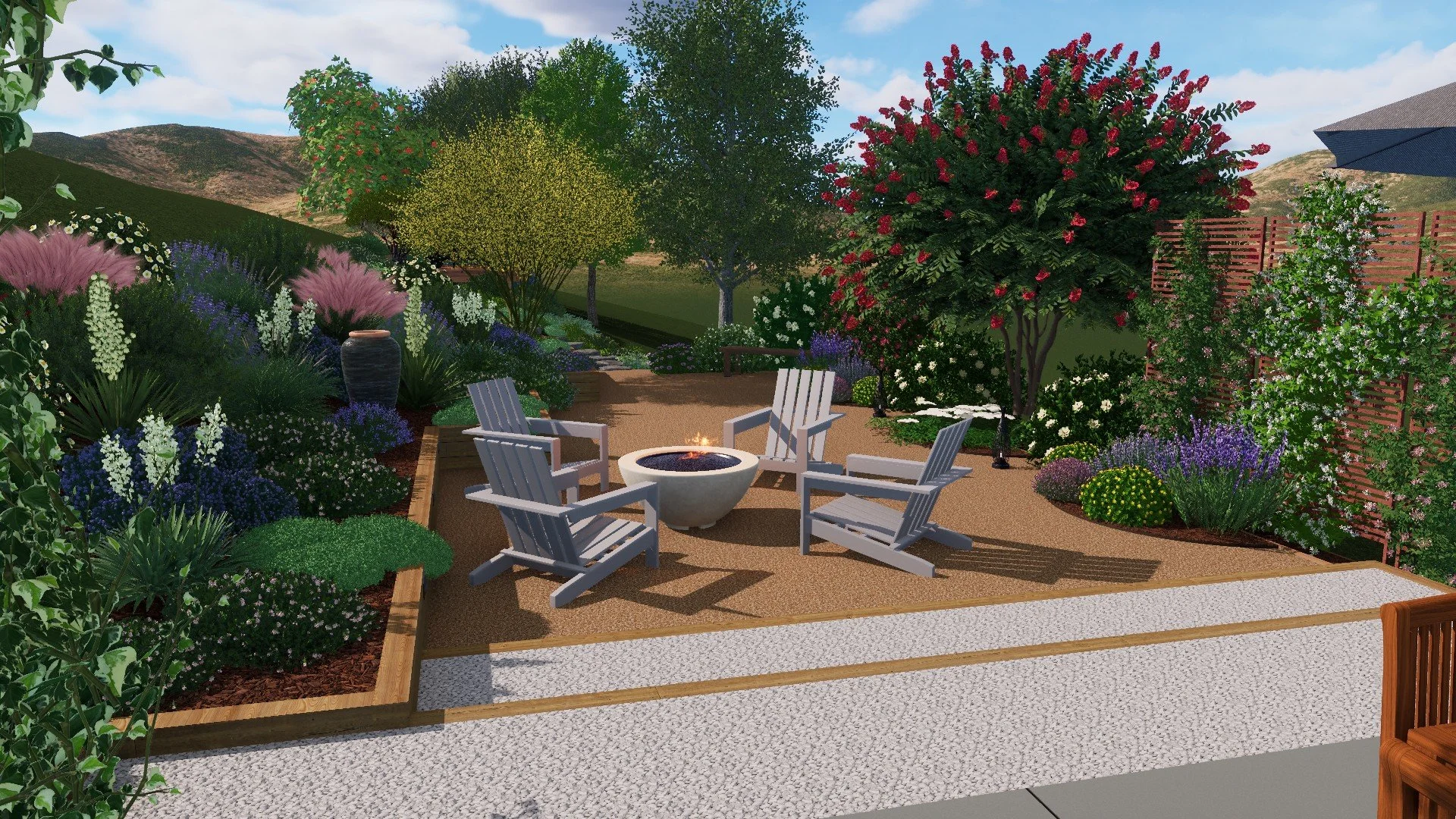 Silverlake hillside backyard design with native plants, erosion control, and gravel seating area.