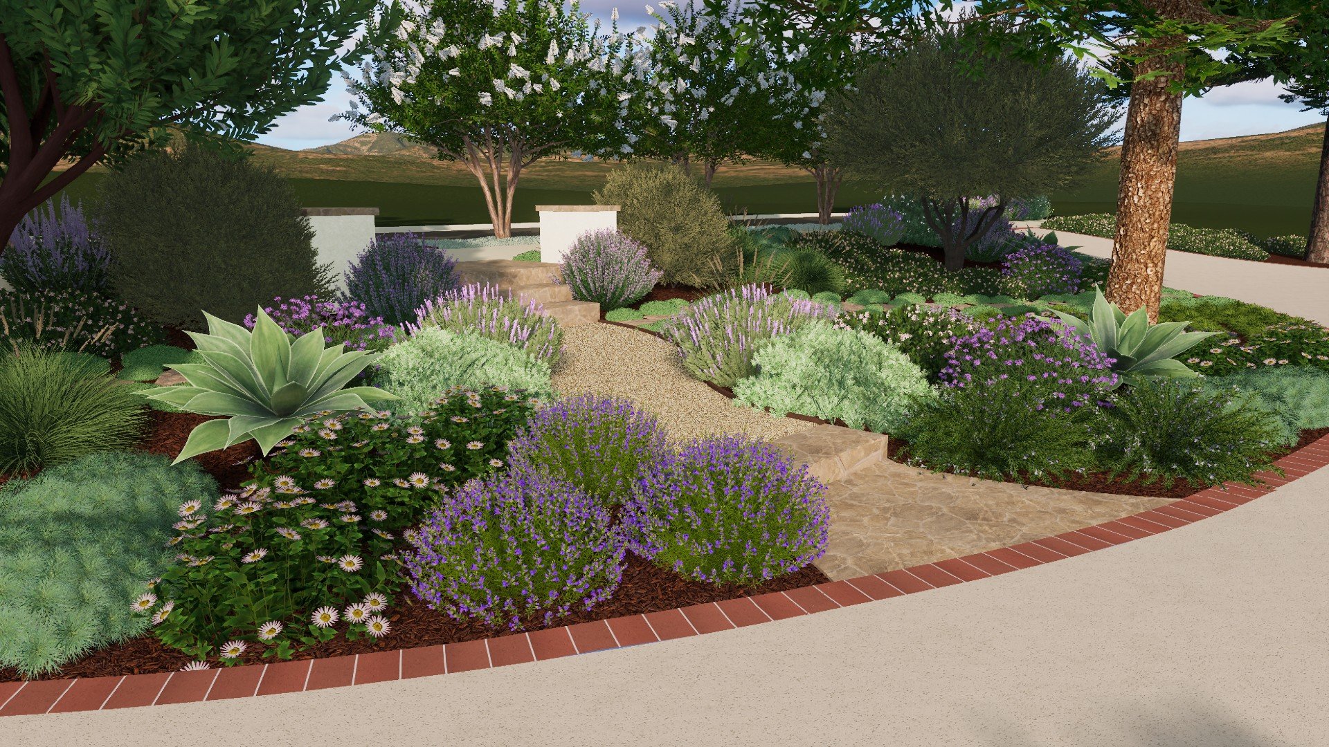 Mediterranean drought-tolerant front yard with gravel path, lavender, agave, and crape myrtles in North Tustin landscape design.