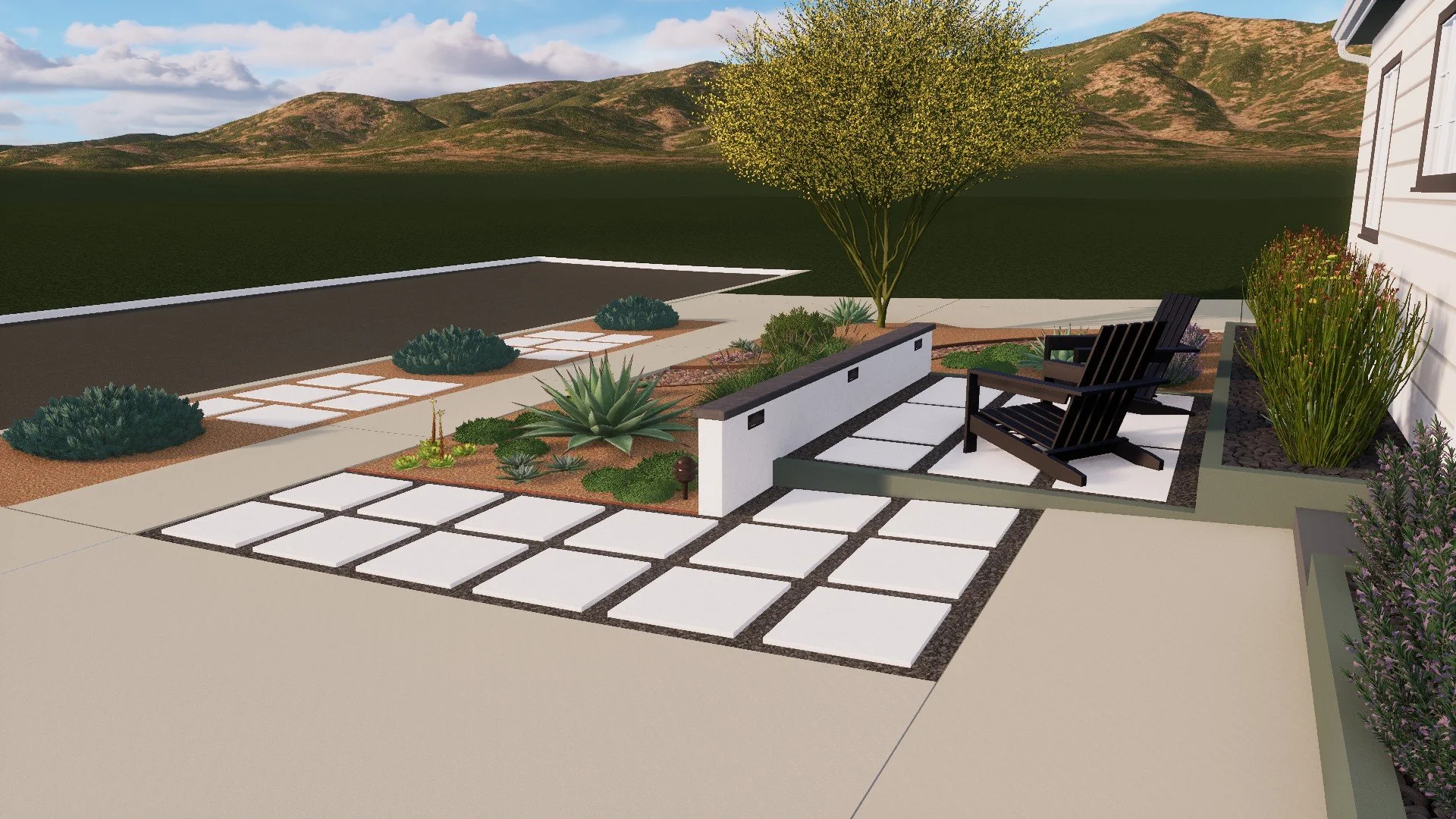 Front yard with granite mulch, succulents, and integrated seating wall with sitting area