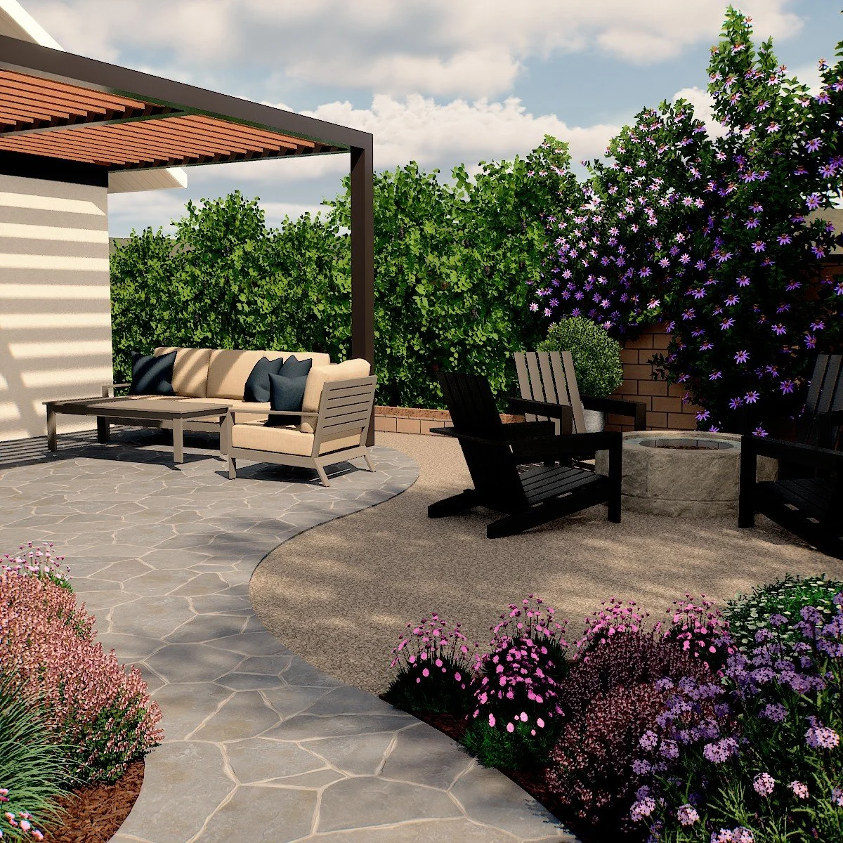 Flagstone patio in a Torrance backyard with a custom pergola, outdoor seating area, and layered colorful low-water planting surrounding the space.