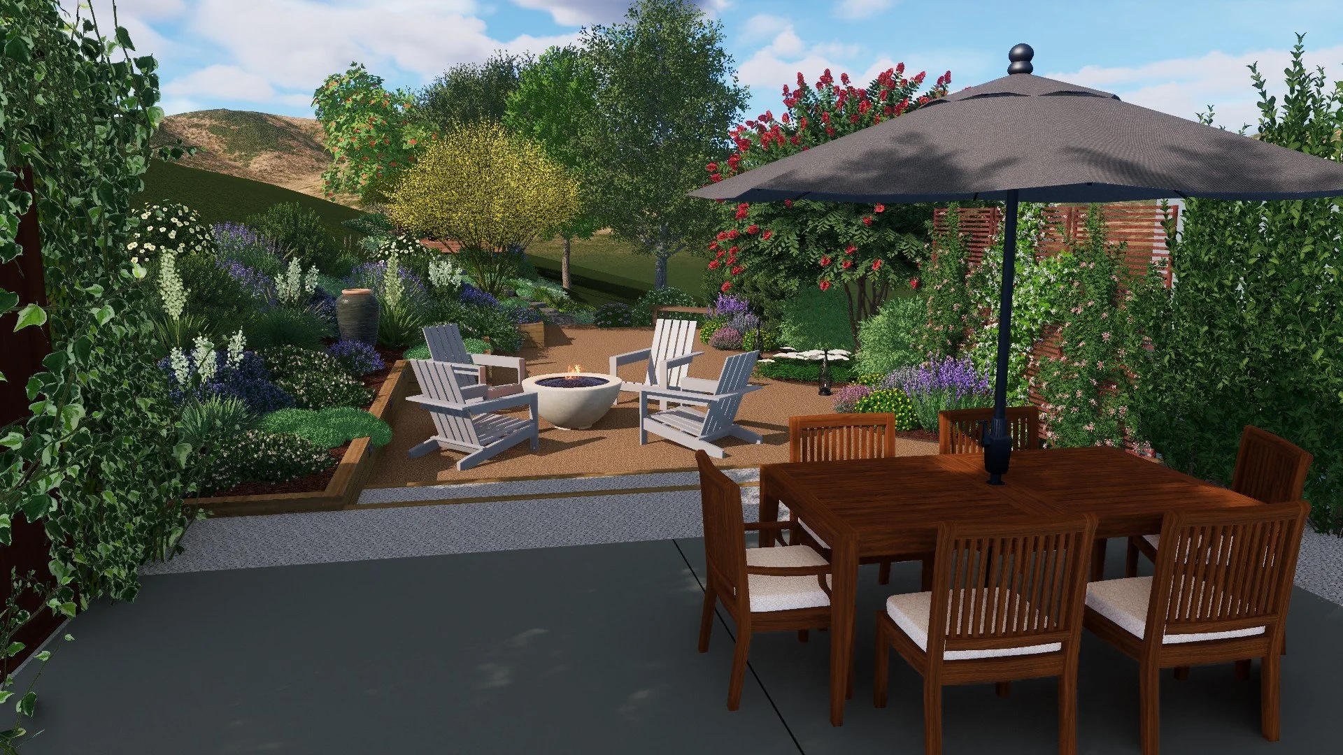 Dining patio with umbrella surrounded by native plants and hillside landscaping