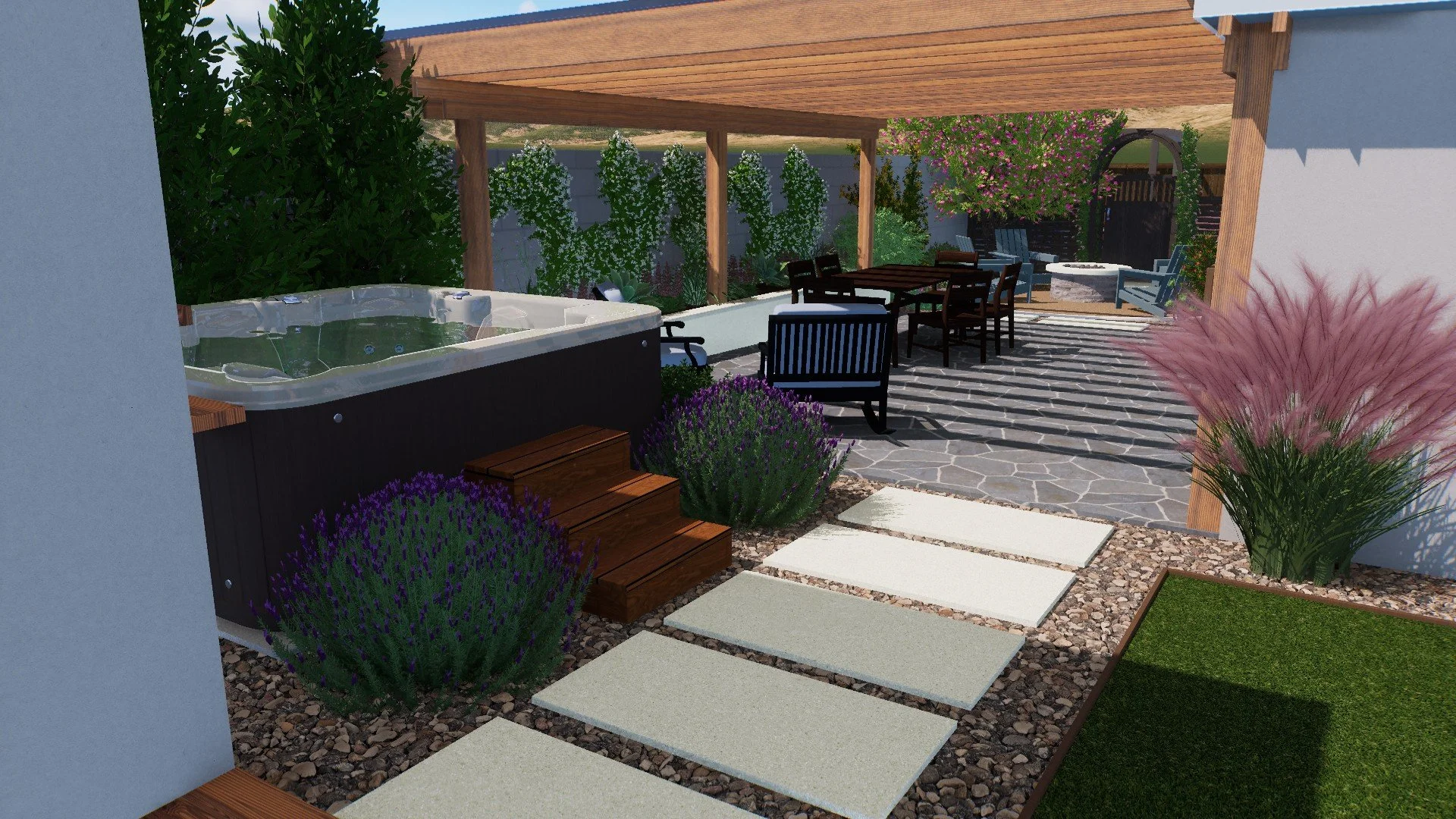 Orange, CA backyard design with hot tub, dining area, and drought-tolerant planting.