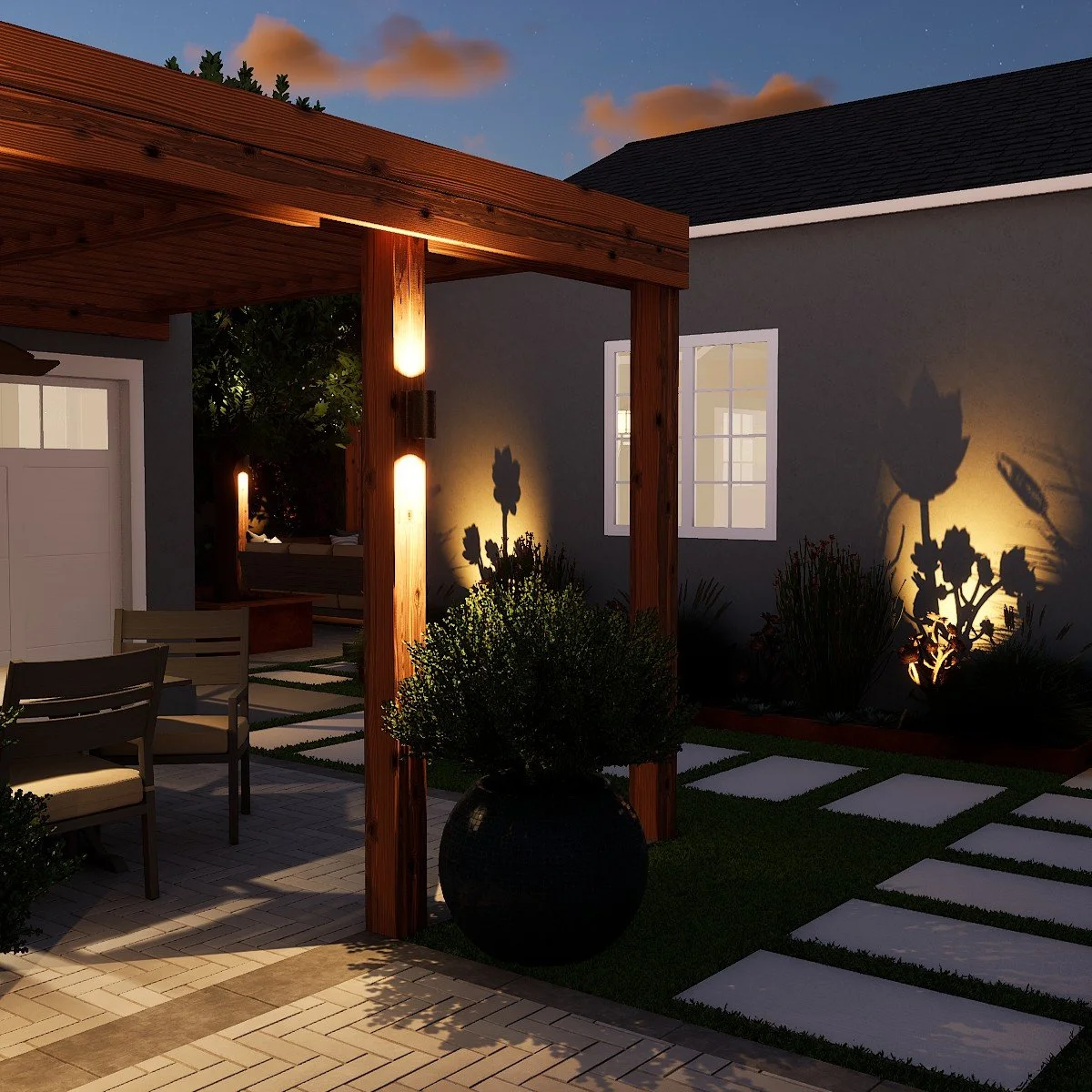 Modern minimal backyard in Long Beach with pergola, warm outdoor lighting, concrete pavers, and drought-tolerant planting
