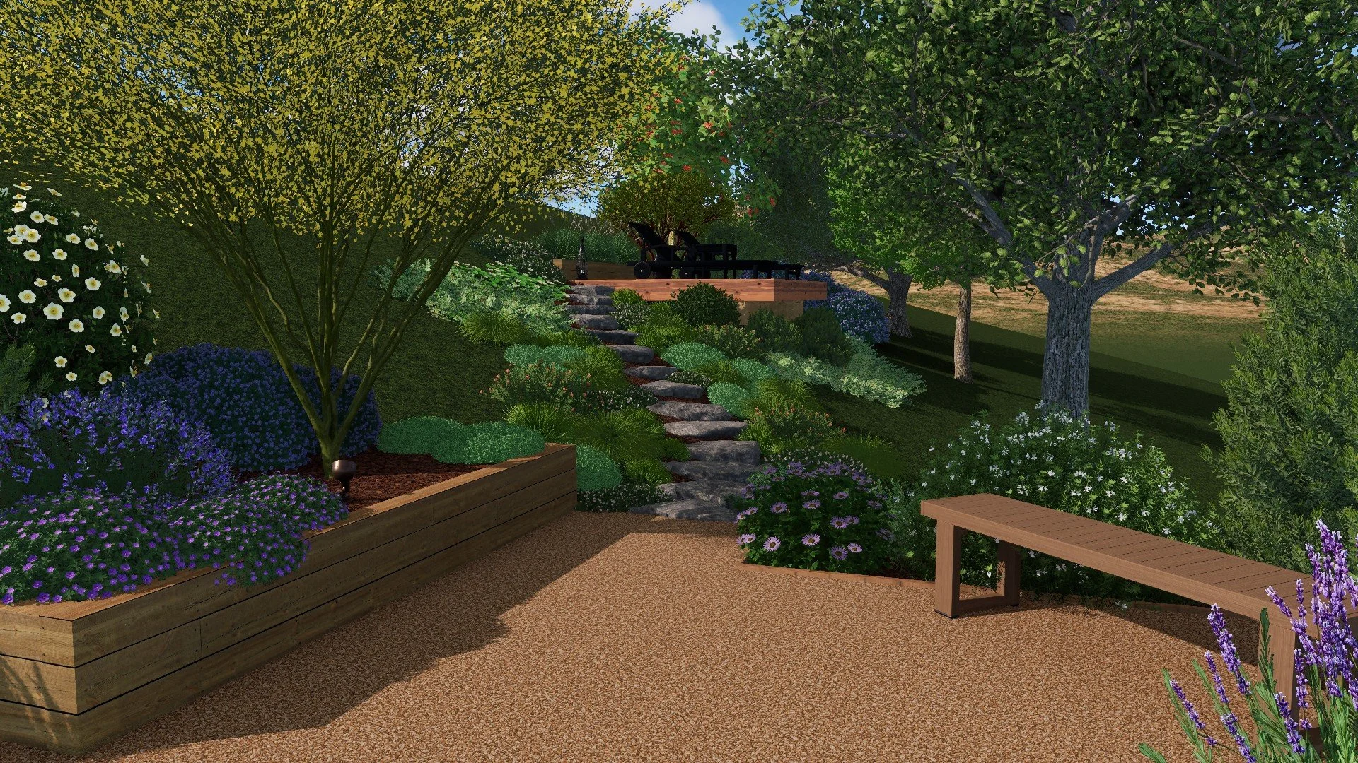 Raised planting bed with drought-tolerant shrubs and perennials on a hillside terrace