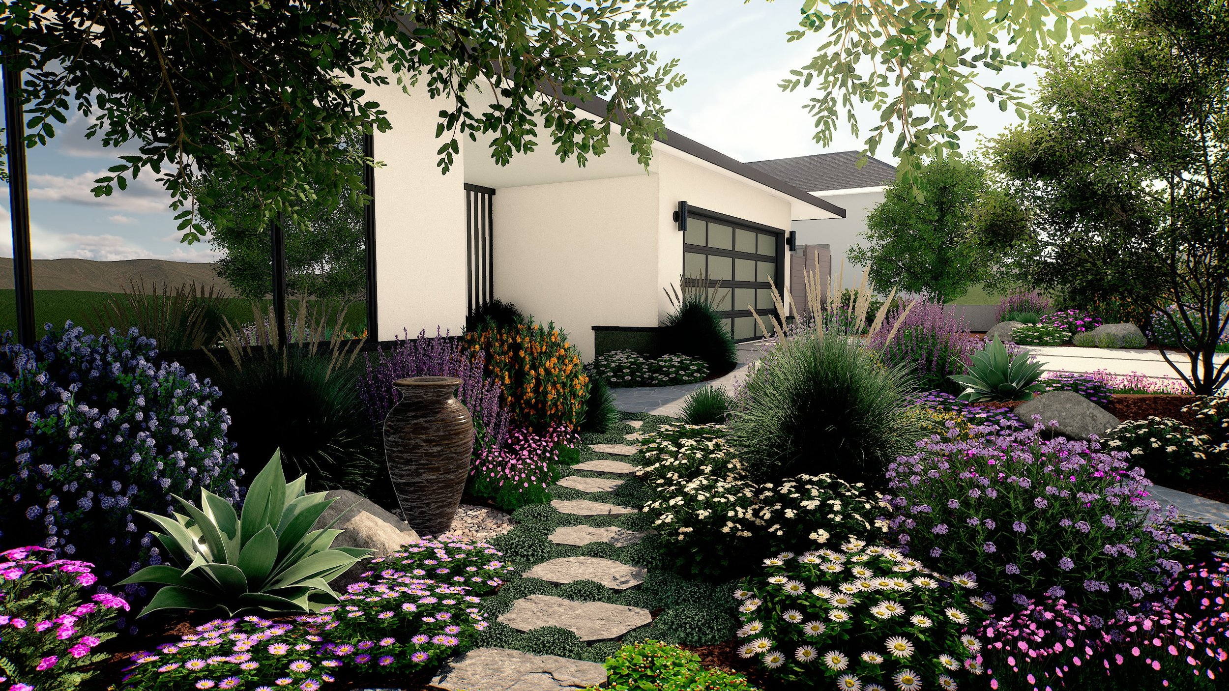 Mid-century modern front yard in Redondo Beach with California native plants, stepping stone path, and low-water landscape design