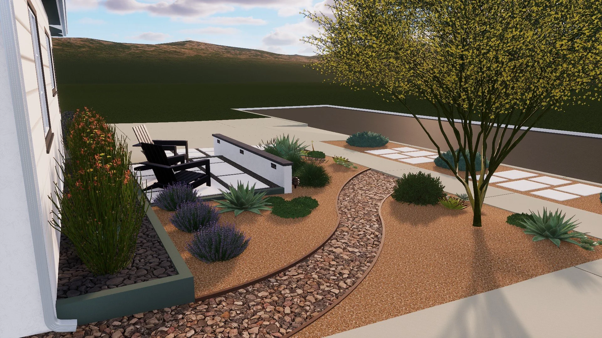 Seating area with black chairs, river rock swale, and paver walkways in a low-water front yard