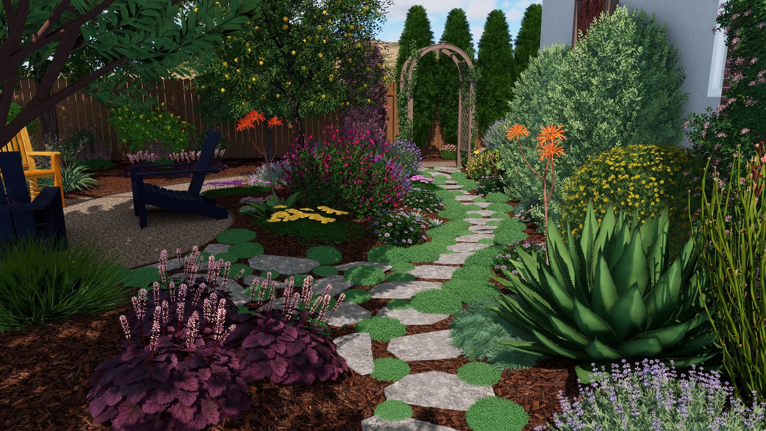 View of secret garden with fire pit seating and colorful native plantings