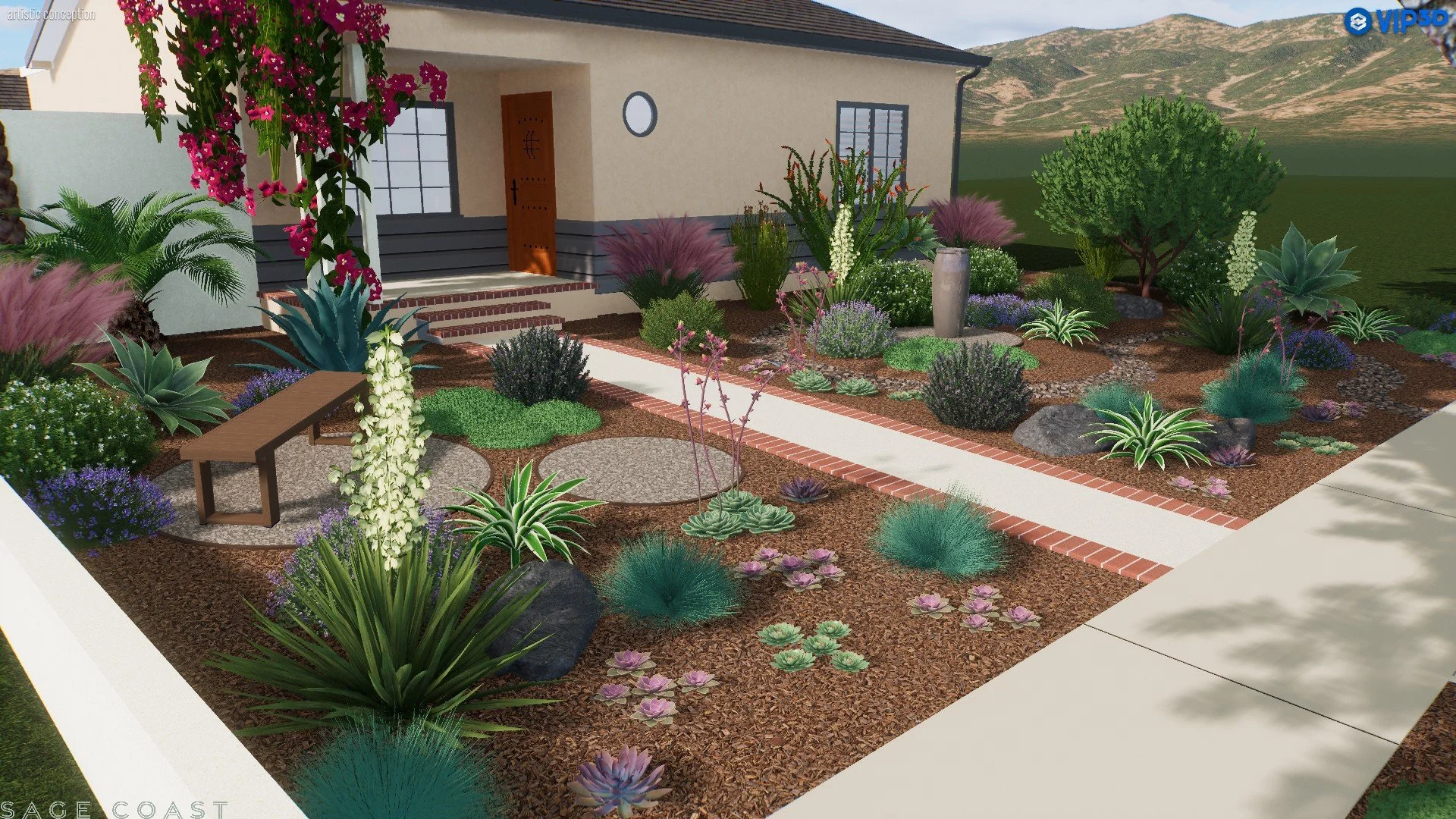 Long Beach coastal Mediterranean front yard with layered drought-tolerant plants and sculptural agave.