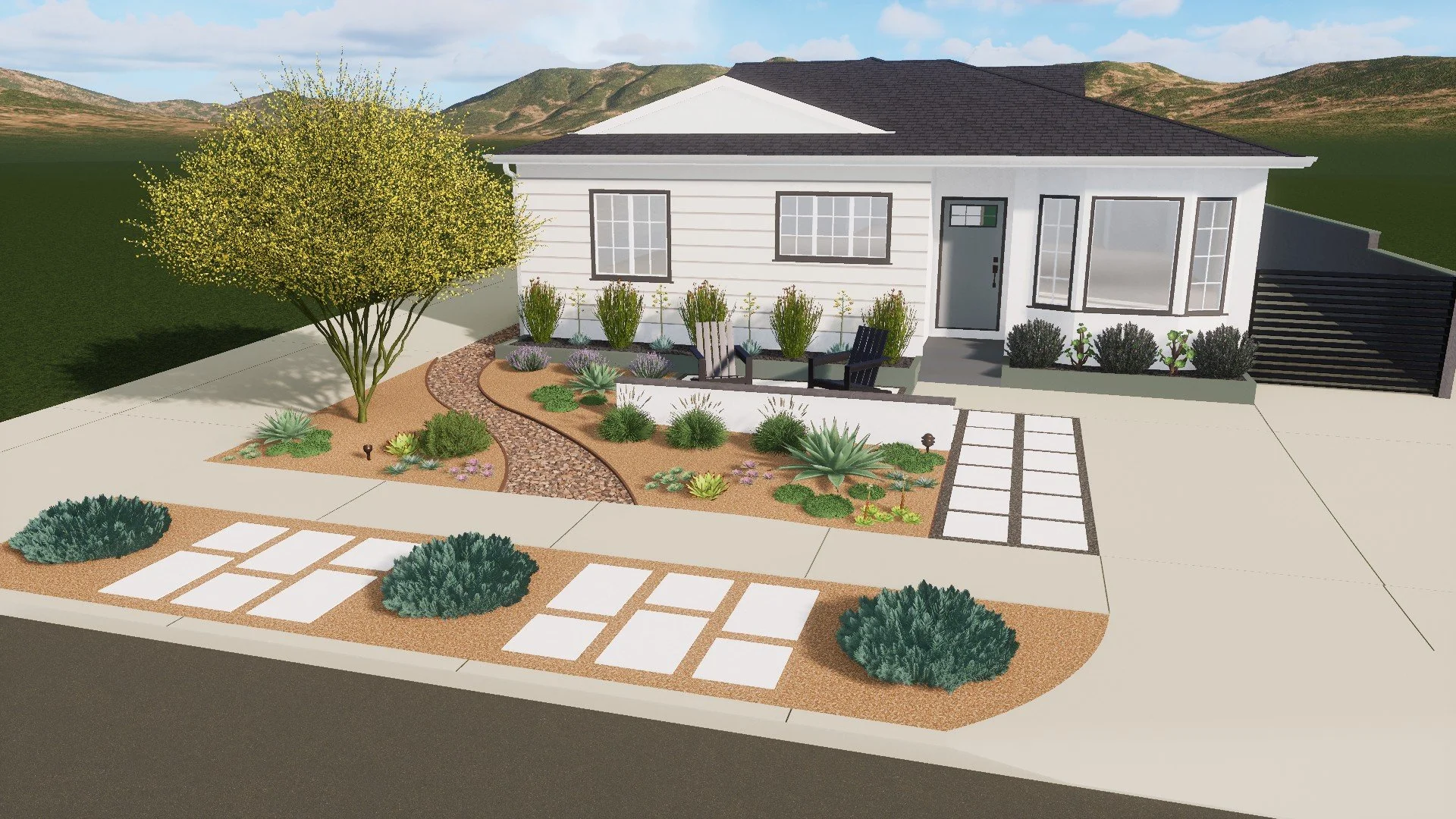 Modern desert front yard with geometric concrete pavers, desert plants, and gravel mulch