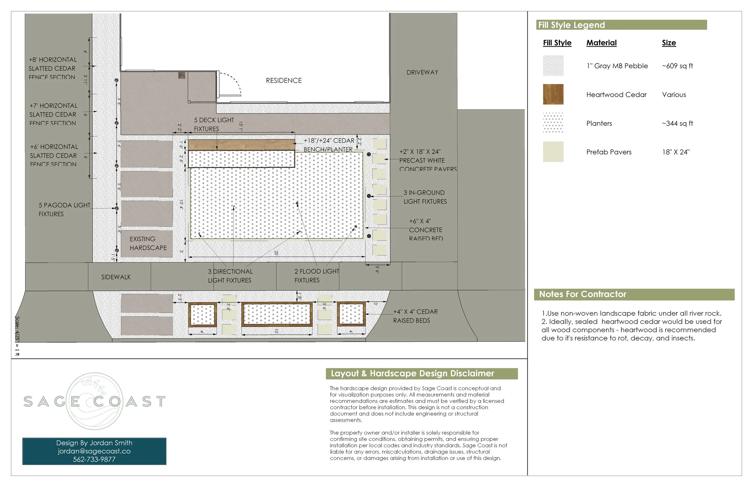 Landscape design plan for yard with labeled areas for fencing, hardscape, lighting fixtures, and seating, including materials and dimensions.