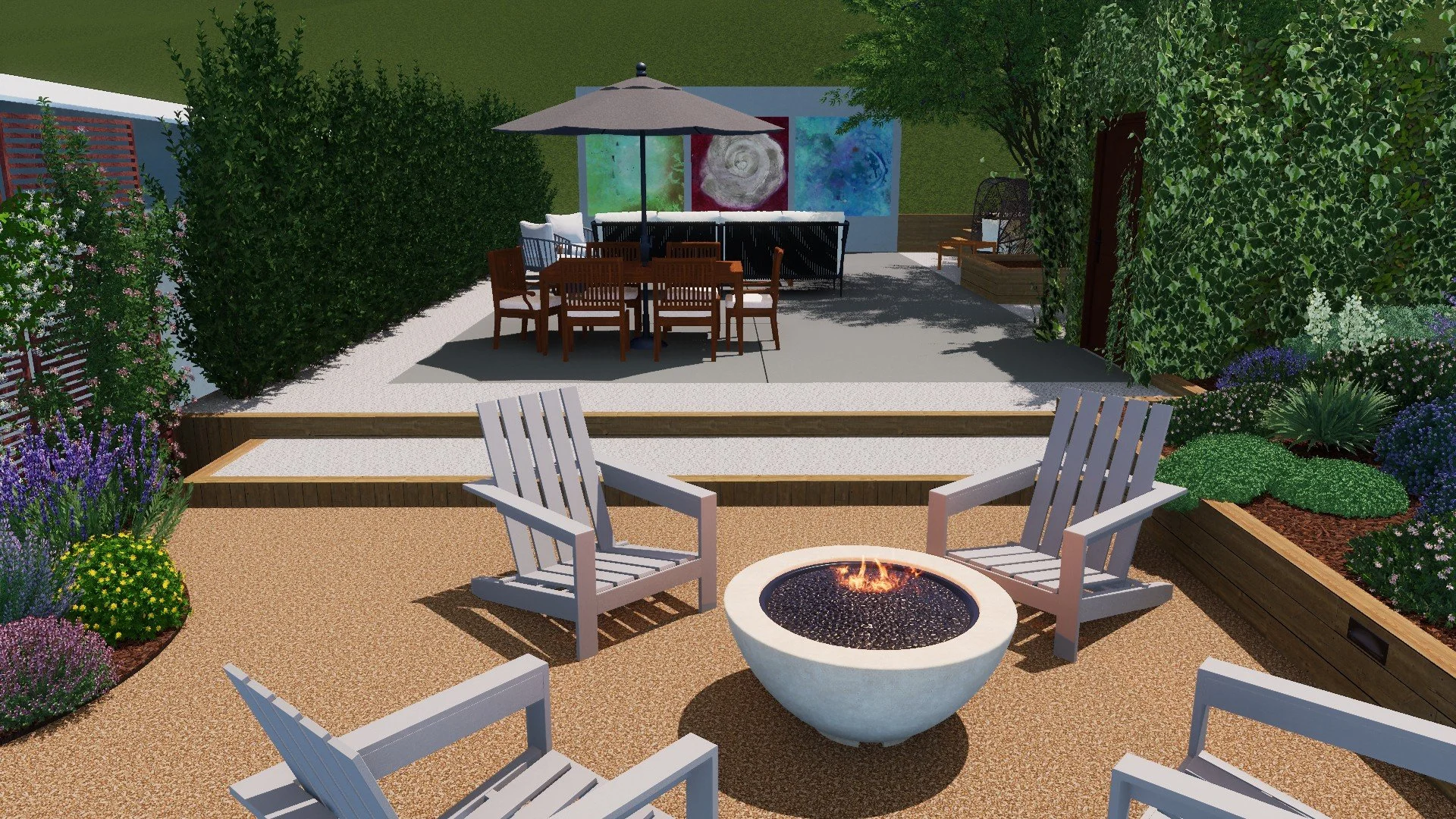 Fire pit lounge and dining area, perfect for outdoor living and entertaining