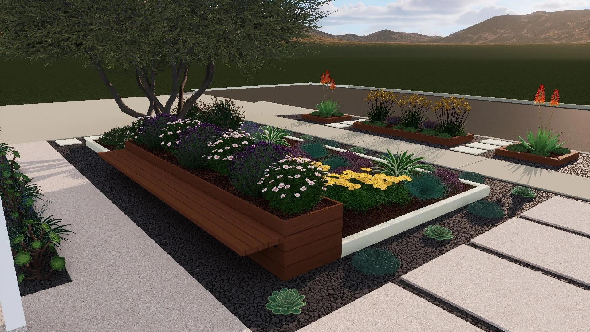 Raised planter box & bench with drought-tolerant perennials and succulents in modern front yard