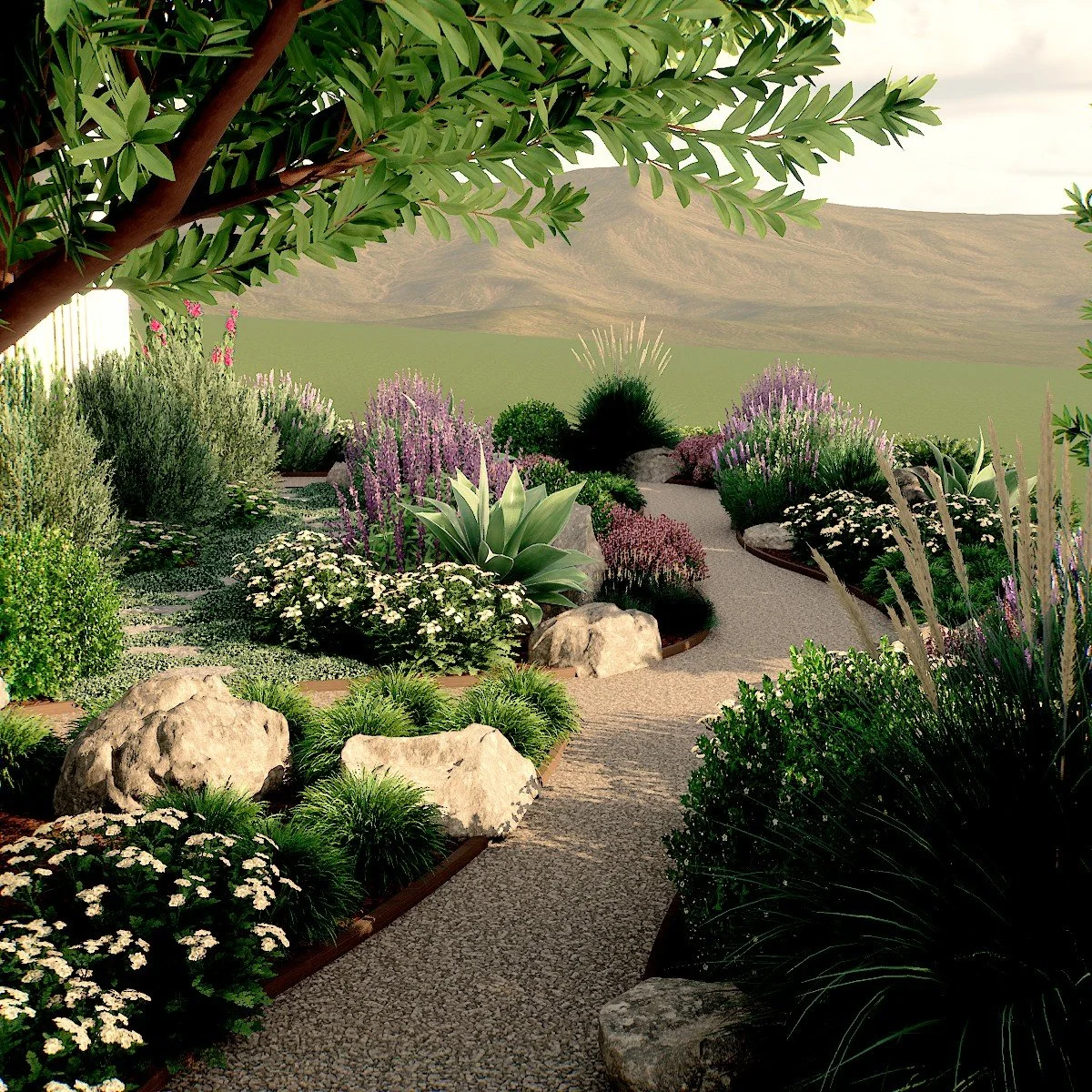 El Segundo front yard with California native plants, winding gravel path, and natural boulders in a low-water landscape design