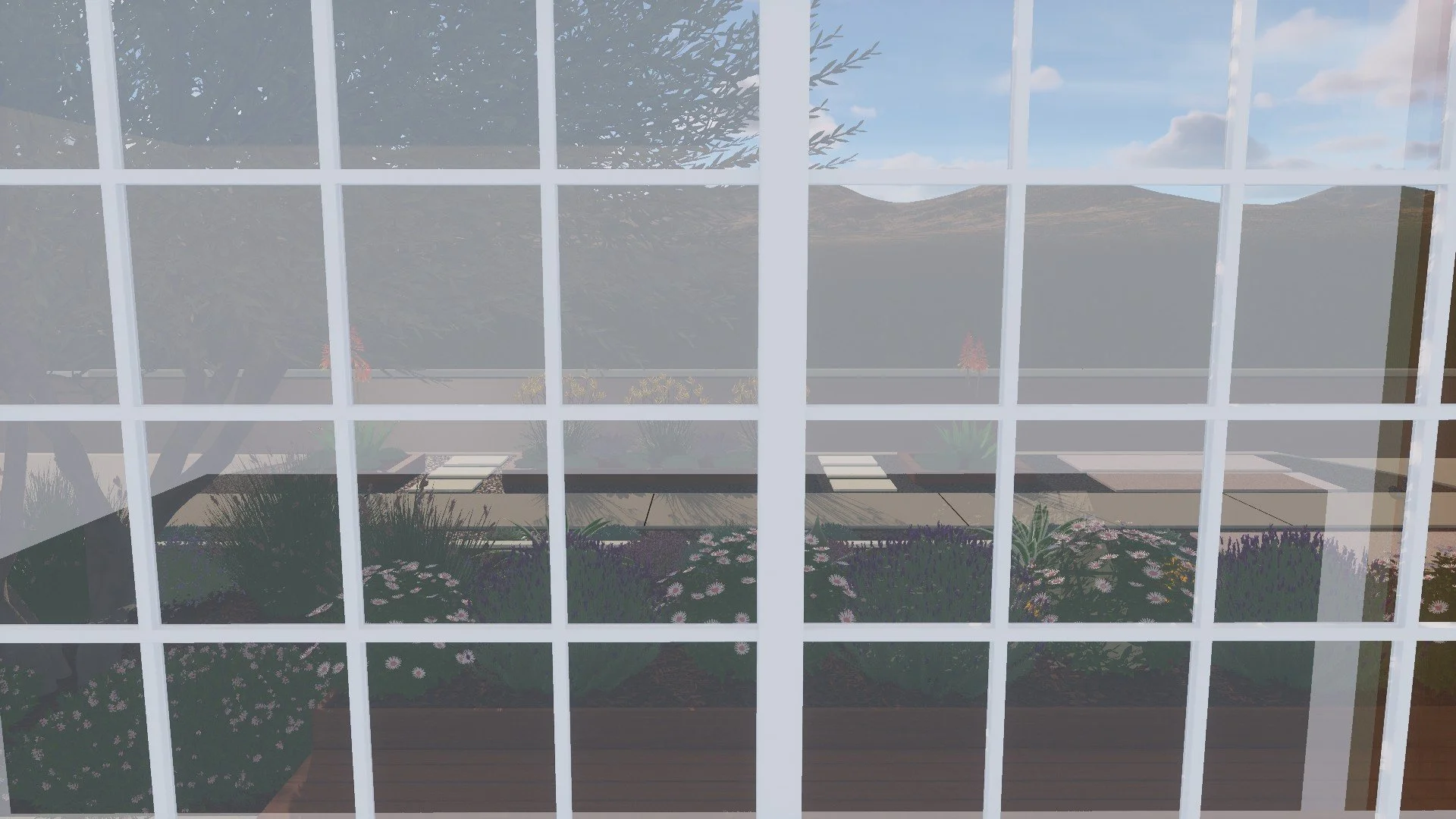View of front yard garden through window with California native and climate-adapted plants