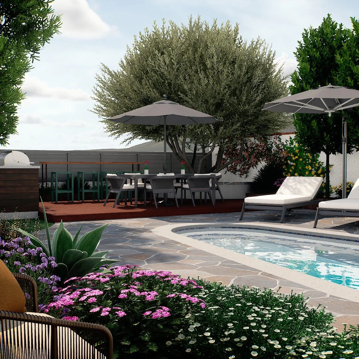 Redondo Beach backyard with pool, outdoor dining and lounge area, and California native planting in a low-water landscape design