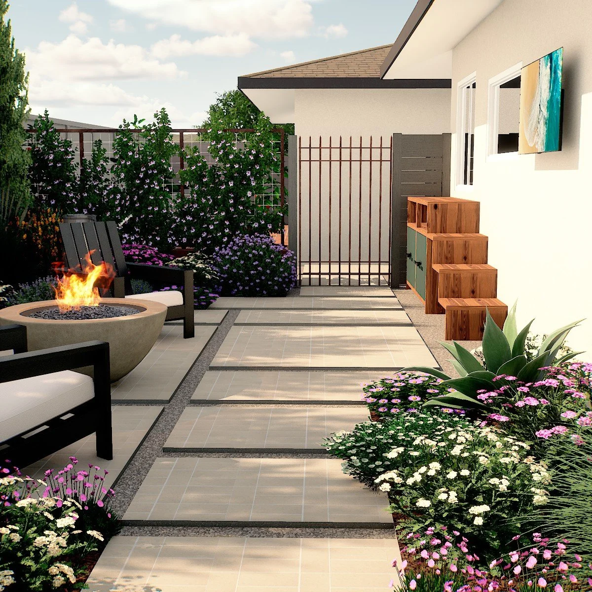 Redondo Beach backyard with modern paver grid, fire pit seating area, and California native planting in a low-water landscape design