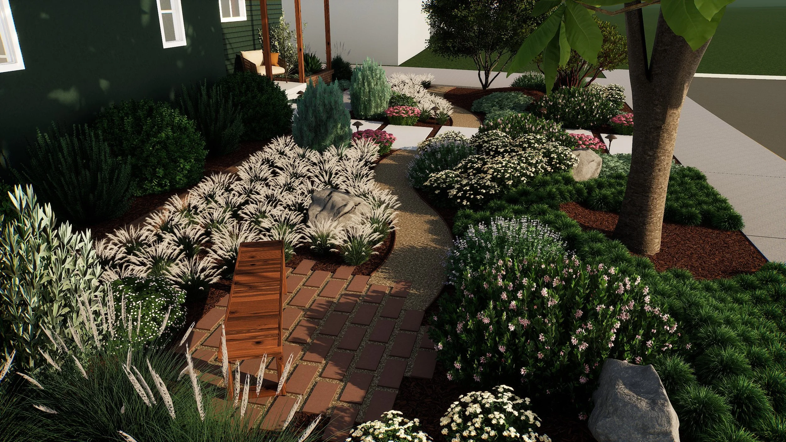 3D landscape design of a drought-tolerant front yard in Long Beach featuring California native plants, decomposed granite pathways, boulders, and layered planting for curb appeal