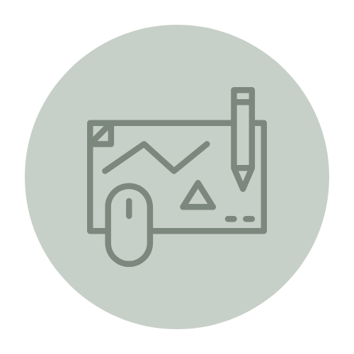 Icon of a computer screen with a line graph, a pencil, and a computer mouse, suggesting design work or editing.