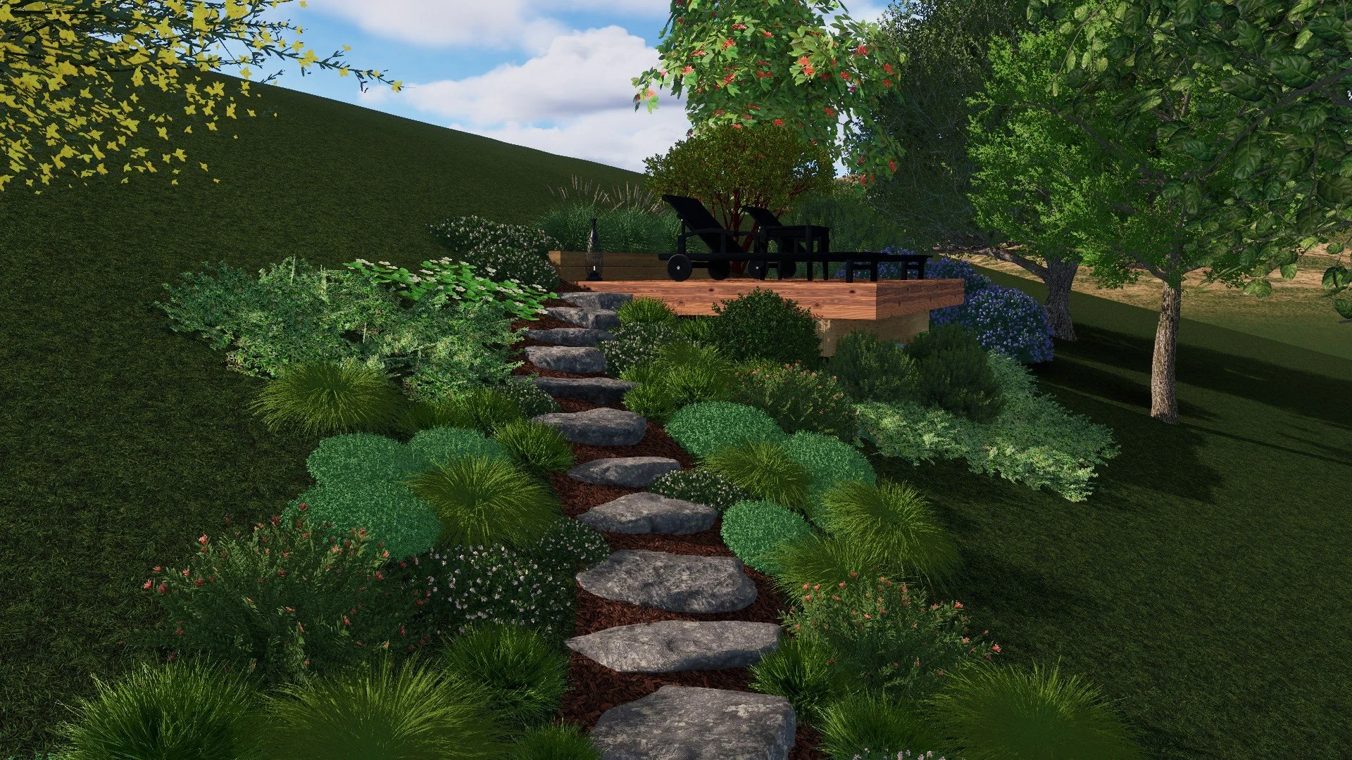 Stone step pathway leading up a terraced hillside with erosion control planting