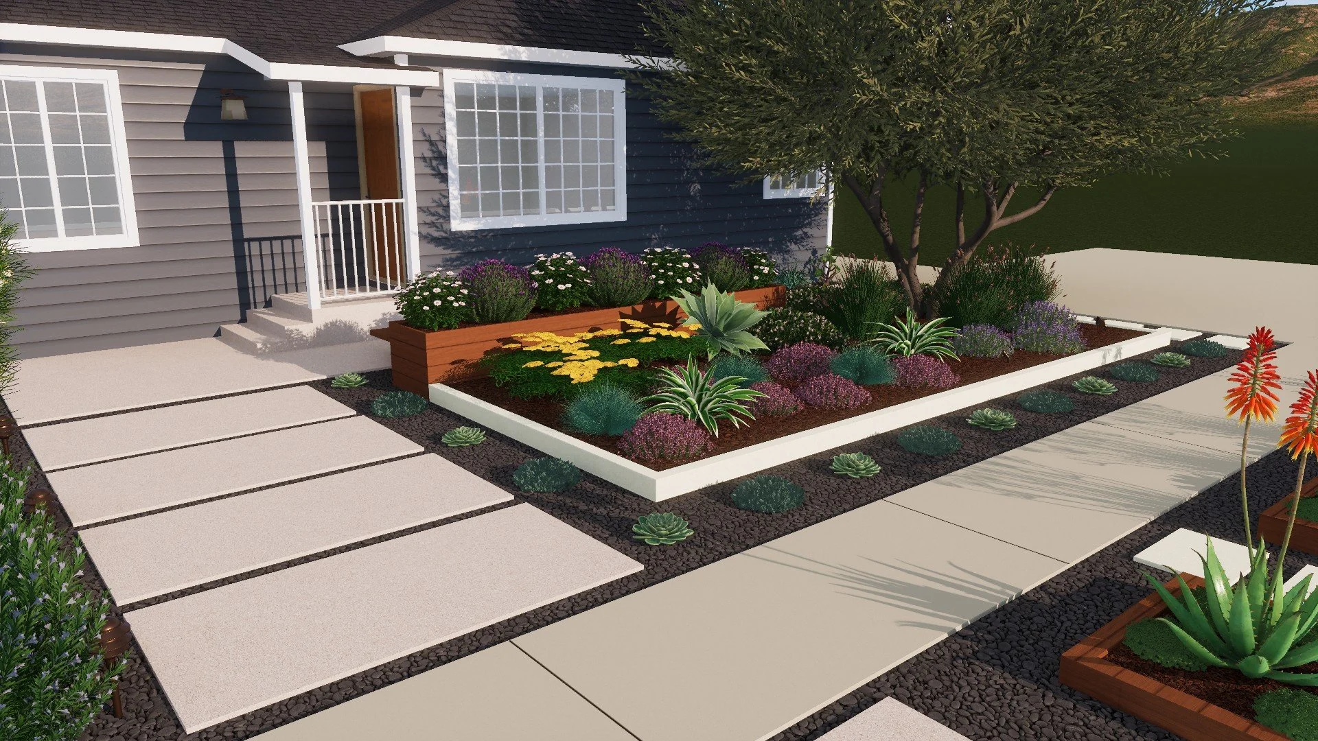 Concrete stepper walkway leading to front porch surrounded by low-water plants and native perennials