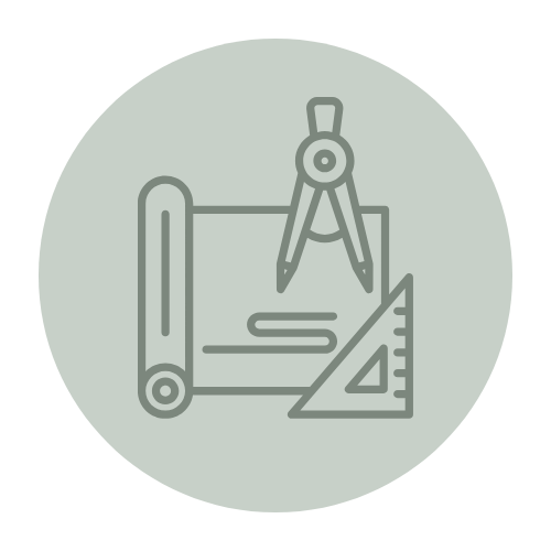 Icon of a drafting compass, ruler, and triangular scale on blueprints, representing architecture or technical drawing.