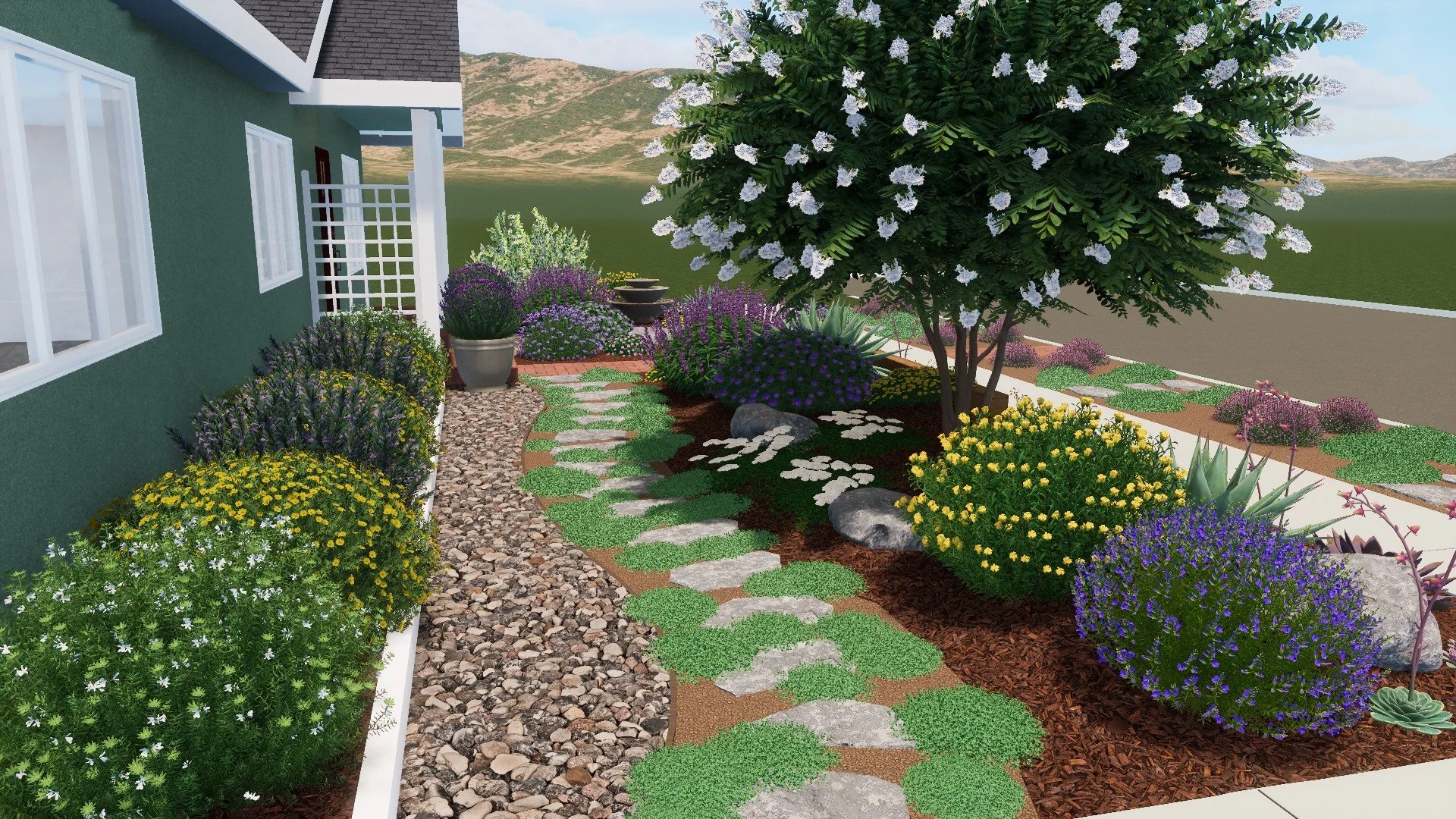 Long Beach drought-tolerant front yard with native plants, permeable stone pathway, and river rock storm water retention feature.