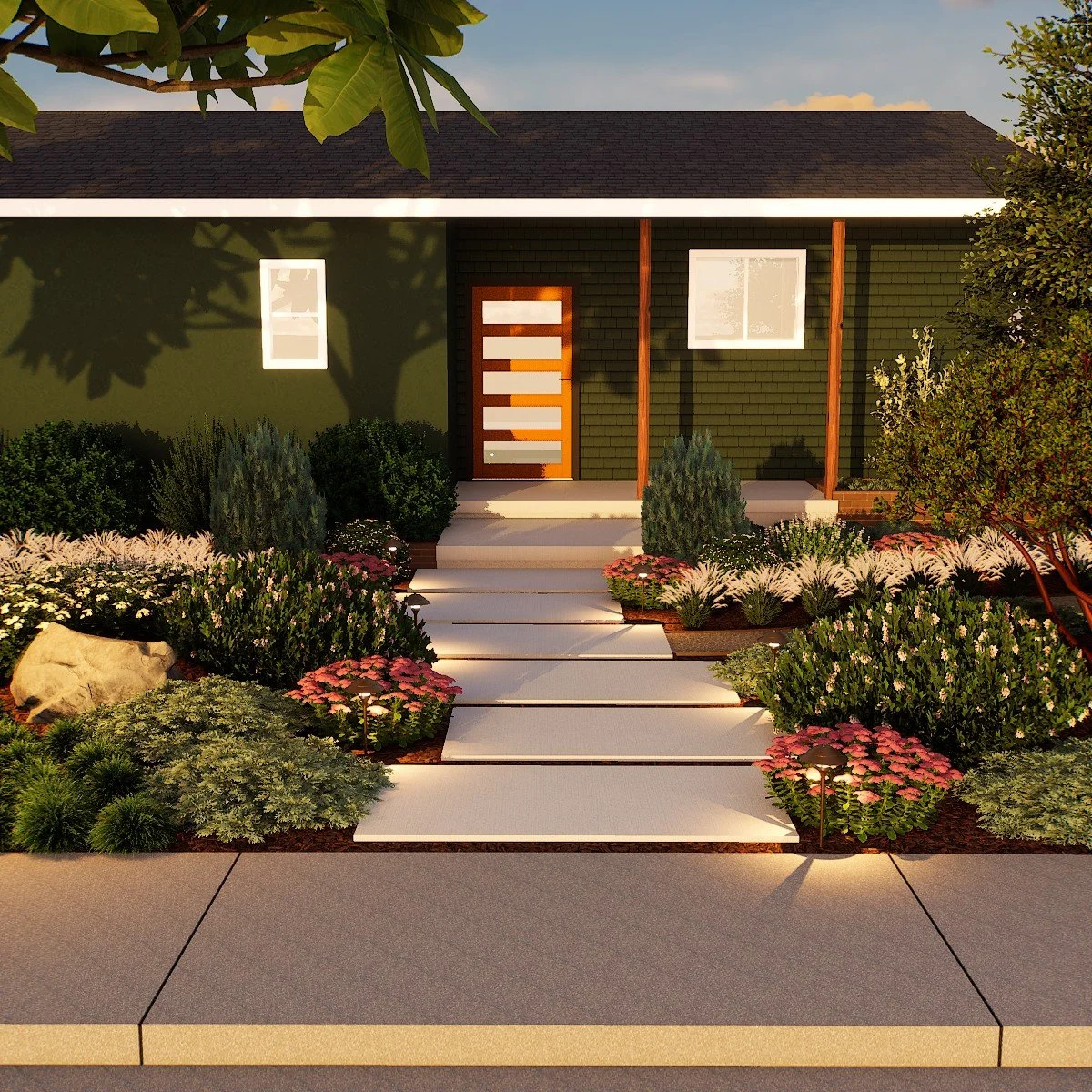3D landscape design of a drought-tolerant front yard in Long Beach featuring California native plants, decomposed granite pathways, boulders, and layered planting for curb appeal