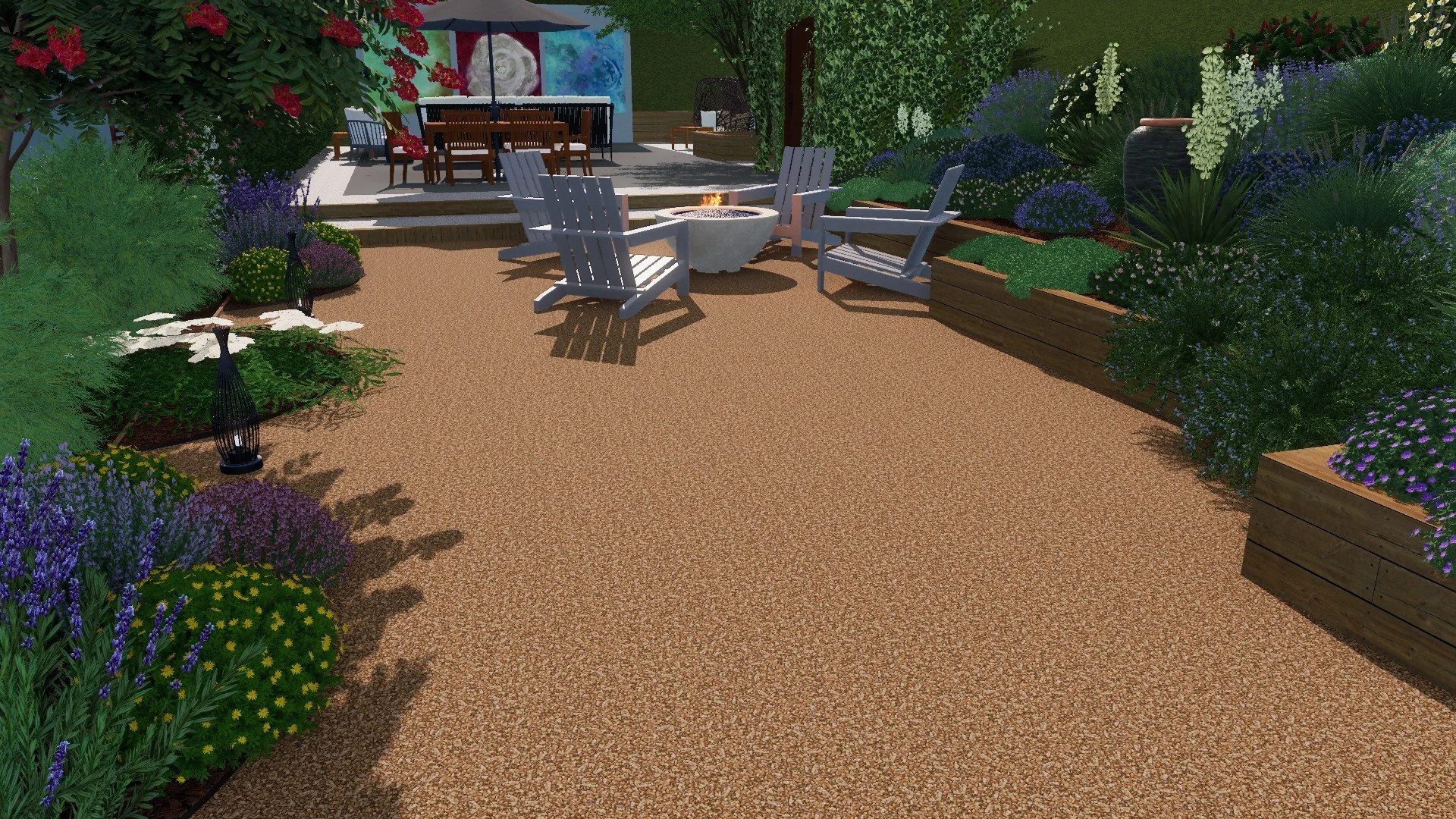 Decomposed granite terrace framed by retaining wall with native and drought-tolerant planting for erosion control