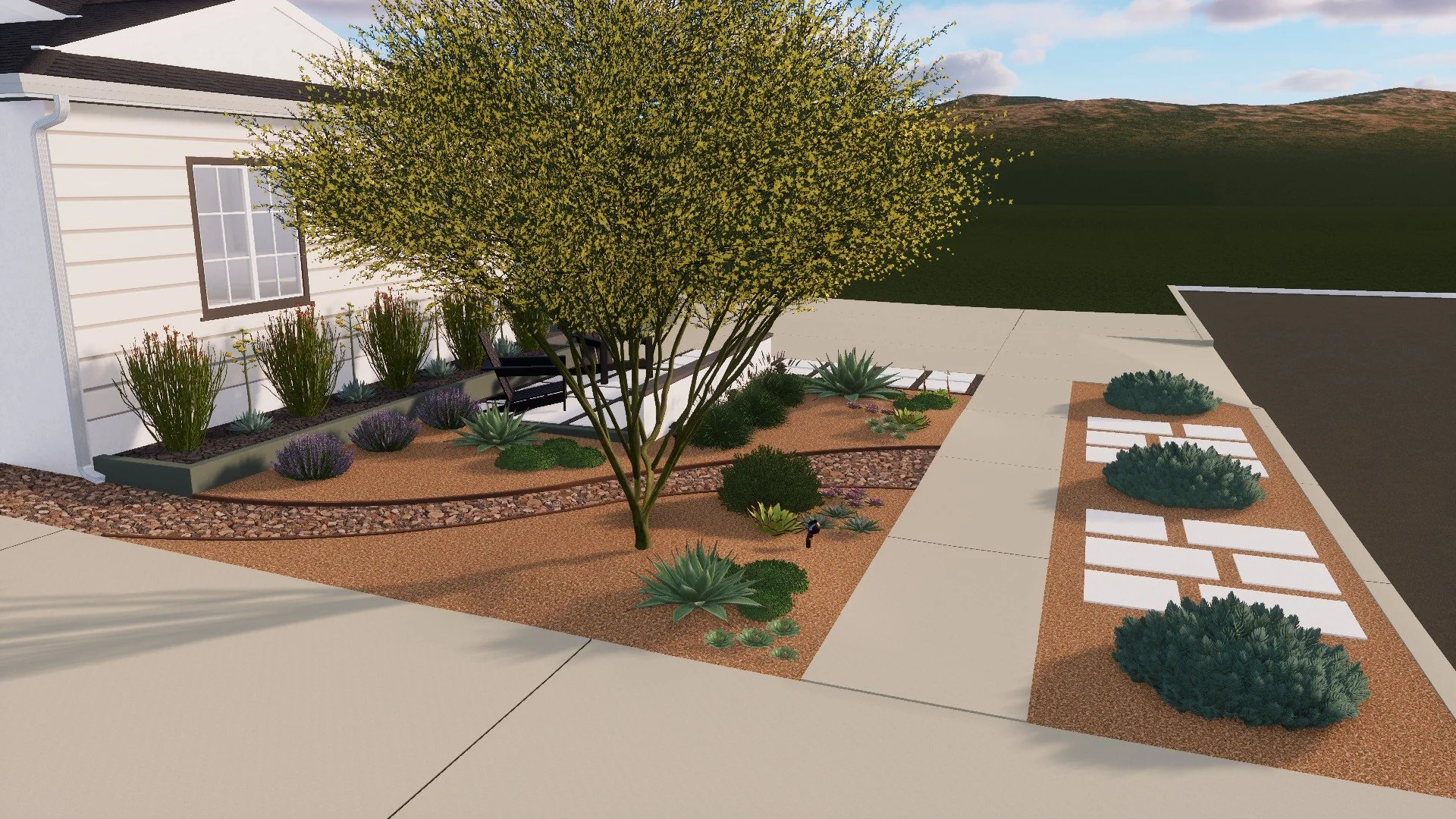 Side view of desert-style front yard with yucca, agave, and drought-tolerant shrubs