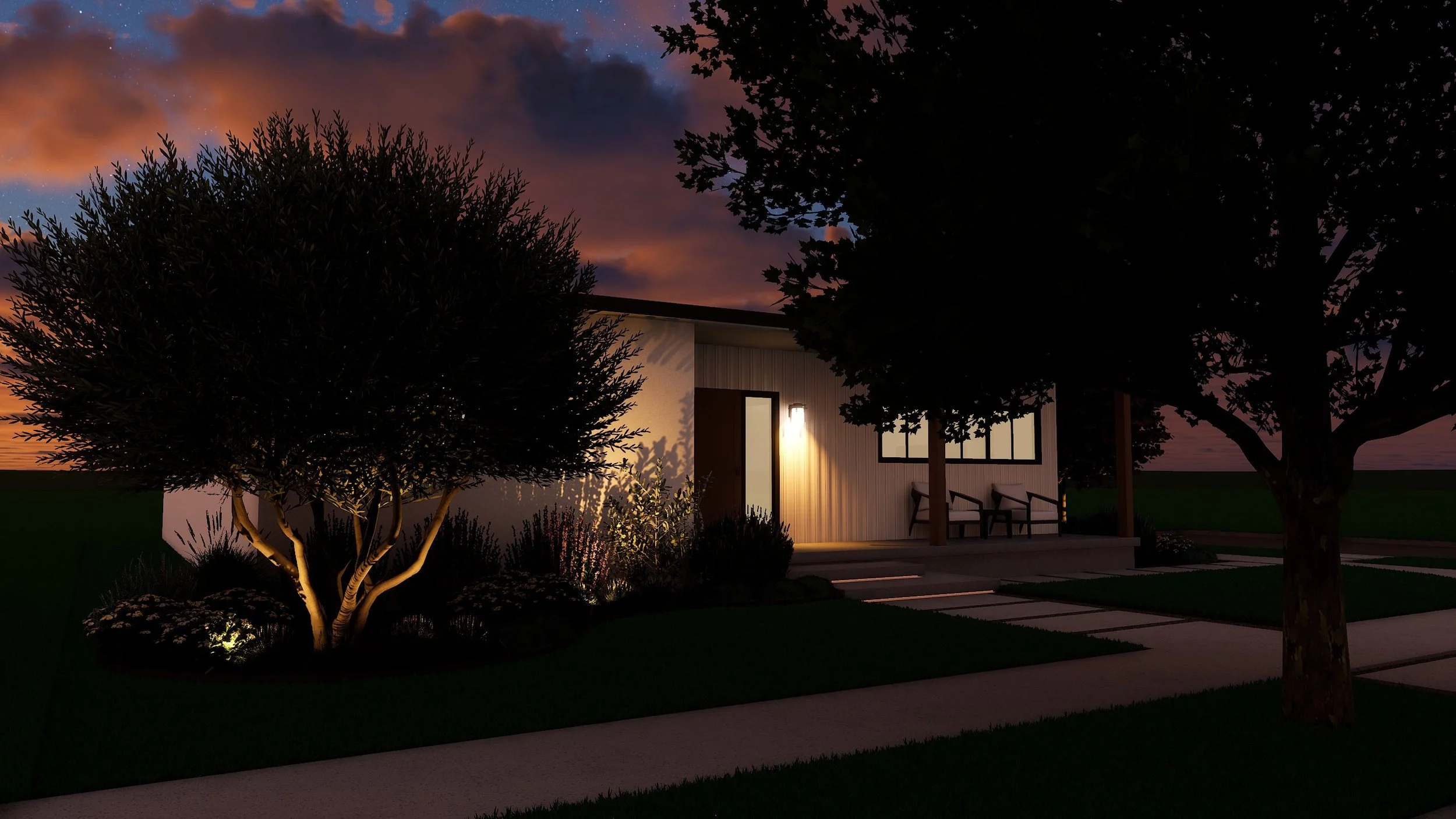 nighttime front yard lighting design in Long Beach with illuminated floating concrete steps, pathway lighting, and uplighting on trees and facade