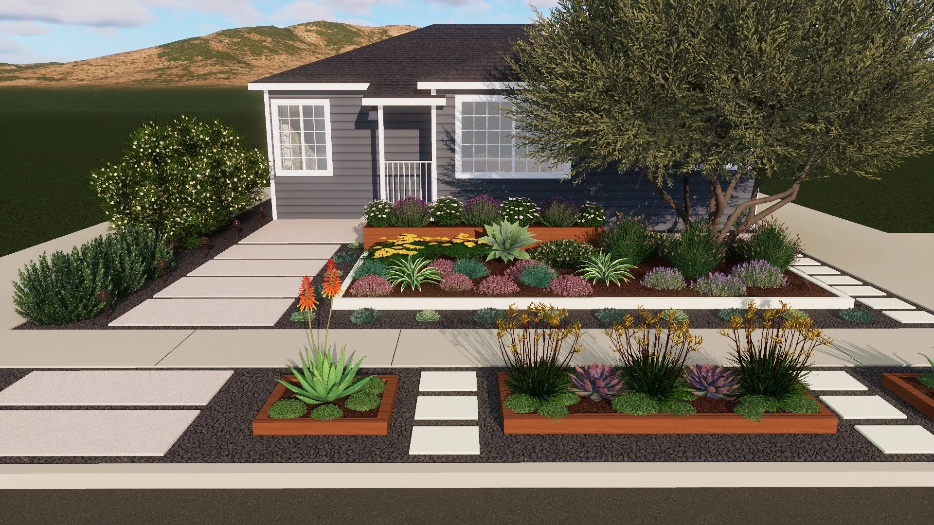 Modern drought-tolerant front yard design with geometric paver pathways and raised planters in Southern California