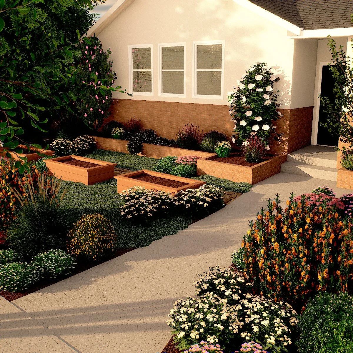 3D rendering of a lawn-free Torrance front yard with raised edible garden beds, California native and drought-tolerant plants, and woolly thyme ground cover connecting pockets of flowering perennials in a cottage-style layout.