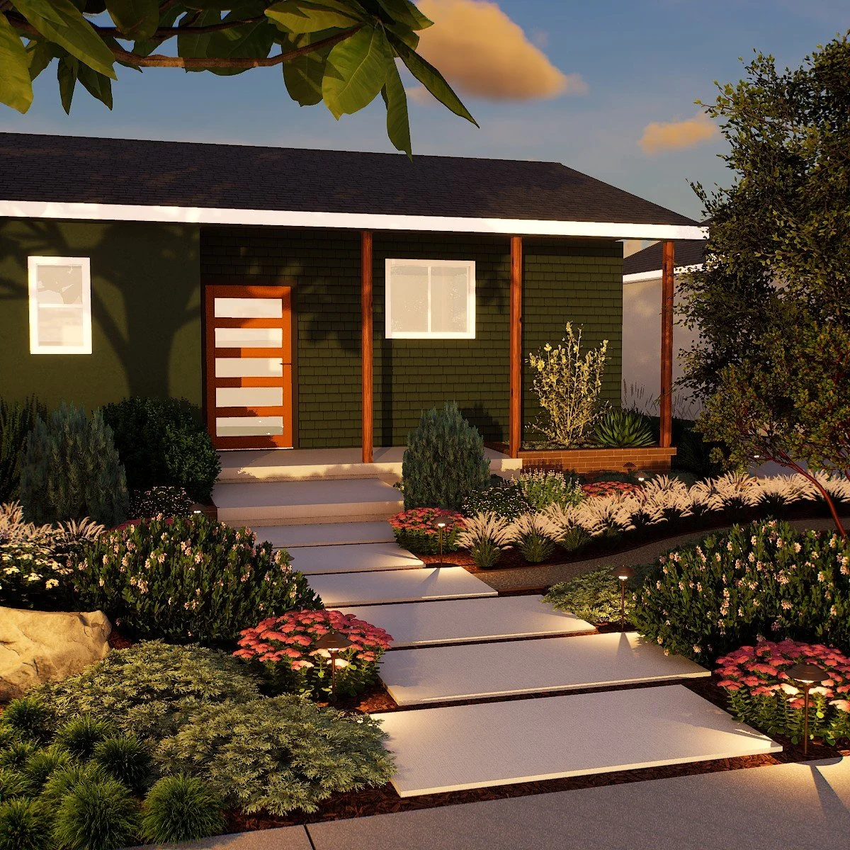 3D landscape design of a drought-tolerant front yard in Long Beach featuring California native plants, decomposed granite pathways, boulders, and layered planting for curb appeal