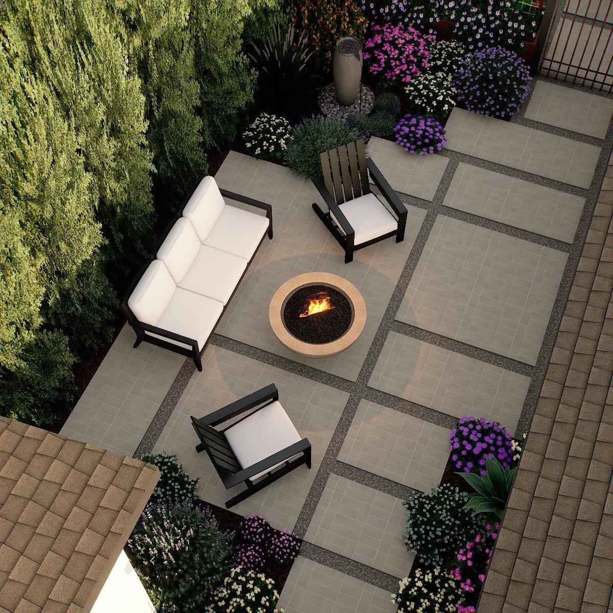 Redondo Beach backyard with modern paver grid, fire pit seating area, and California native planting in a low-water landscape design