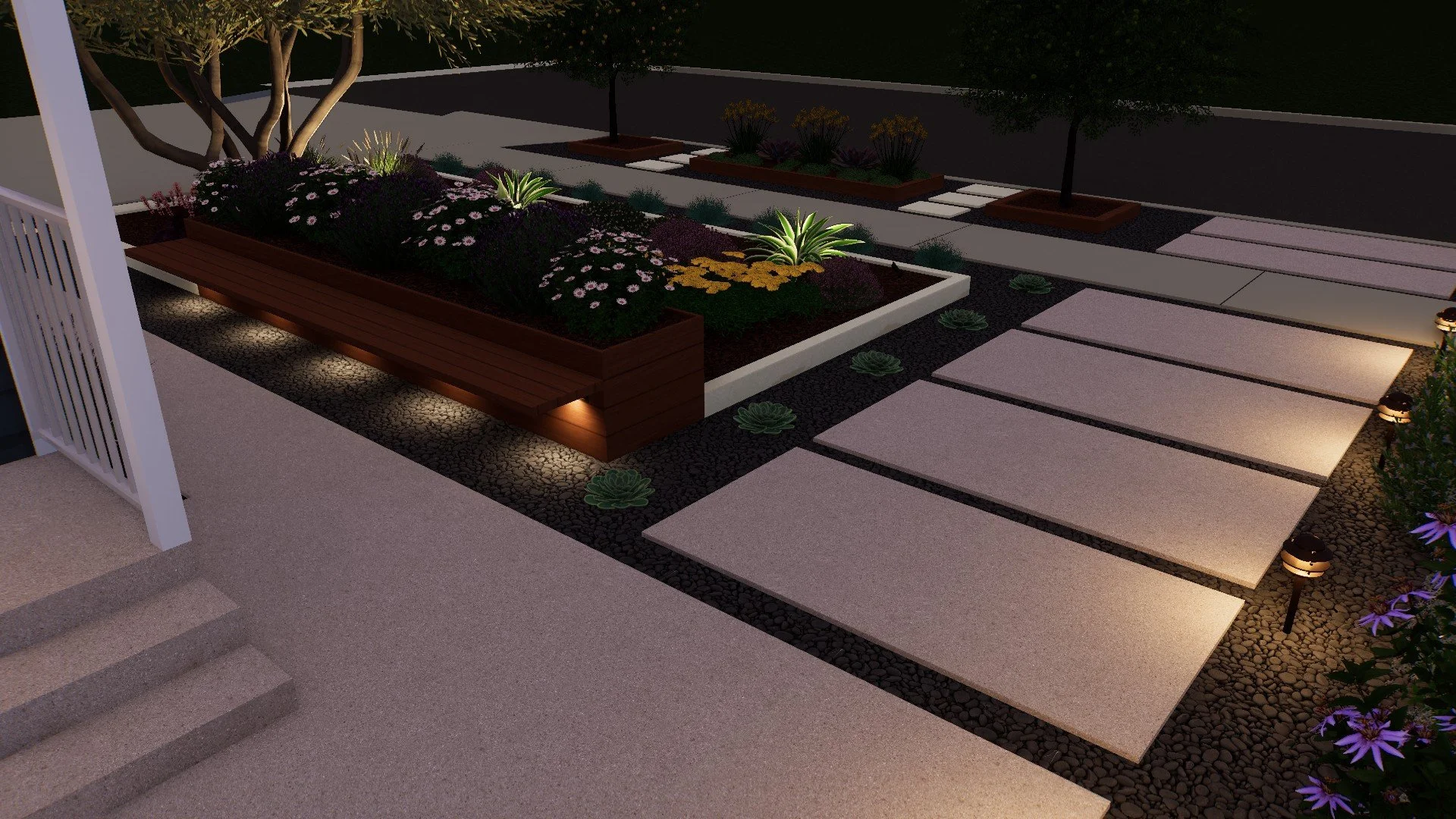 Raised planter with modern lighting and low-water plants near front porch