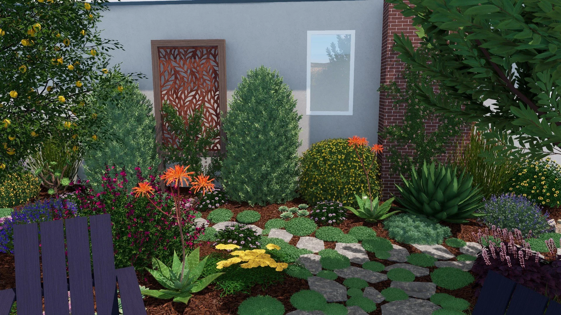 Colorful drought-tolerant planting with aloe, agave, and seasonal blooms in a backyard garden
