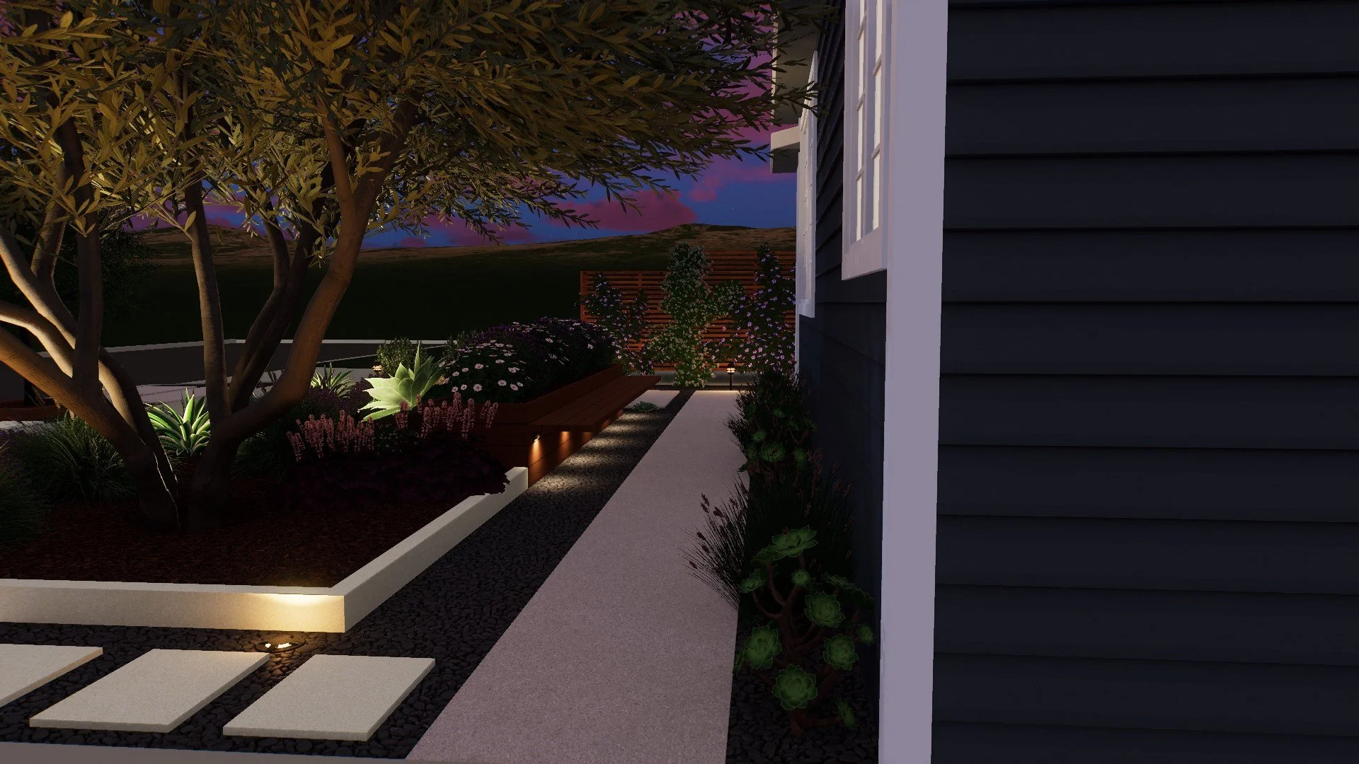 Low-voltage lighting along driveway adjacent path & under floating bench