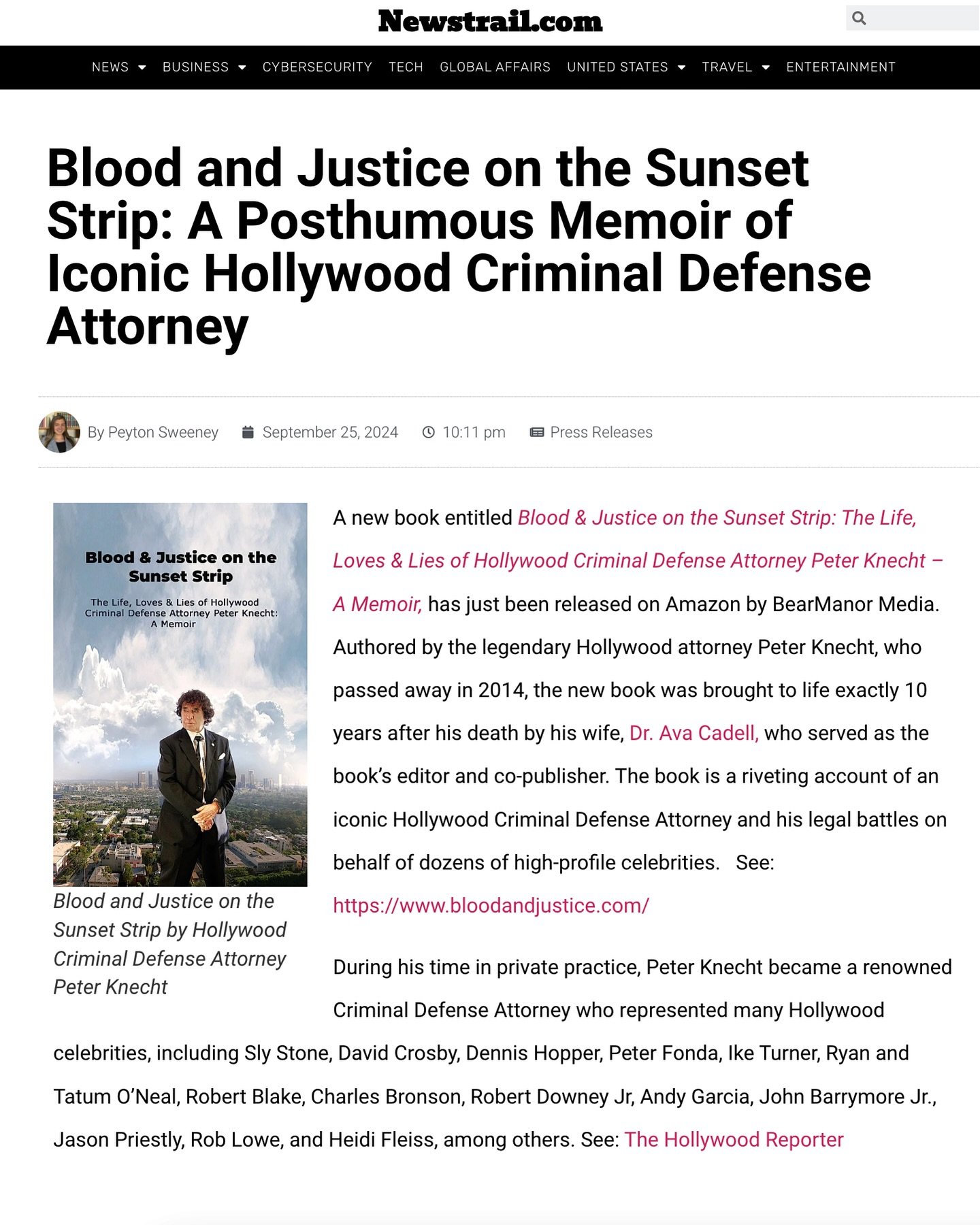 &ldquo;Blood &amp; Justice on the Sunset Strip&rdquo; received a great review by lovely journalist, Peyton Sweeney with #newstrail&mdash; A direct quote from the article:

&ldquo;[The book] offers readers the history of Peter Knecht&rsquo;s work with