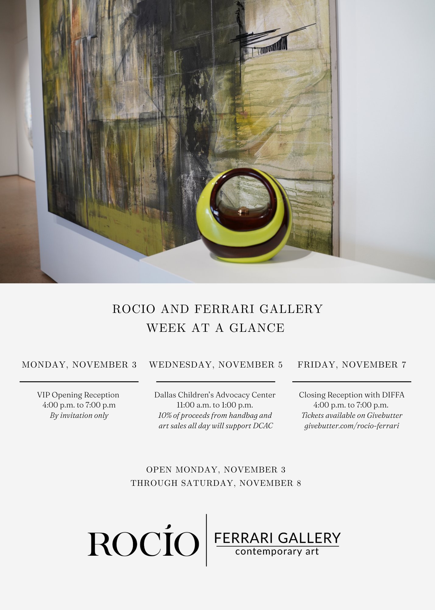 Gallery flyer for Rocio and Ferrari contemporary art exhibit, featuring a photo of an abstract painting with green, black, and beige tones, and a decorative yellow and brown glass vase on a white pedestal.