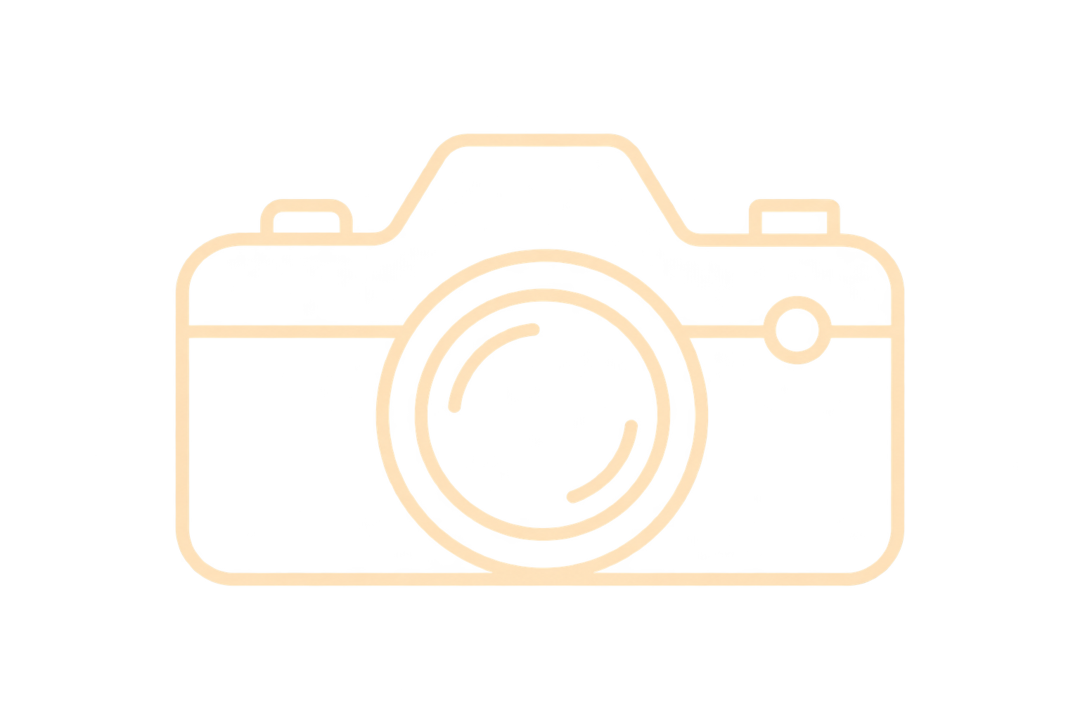 Line drawing of a camera with a large circular lens in the center, detailed on a black background.