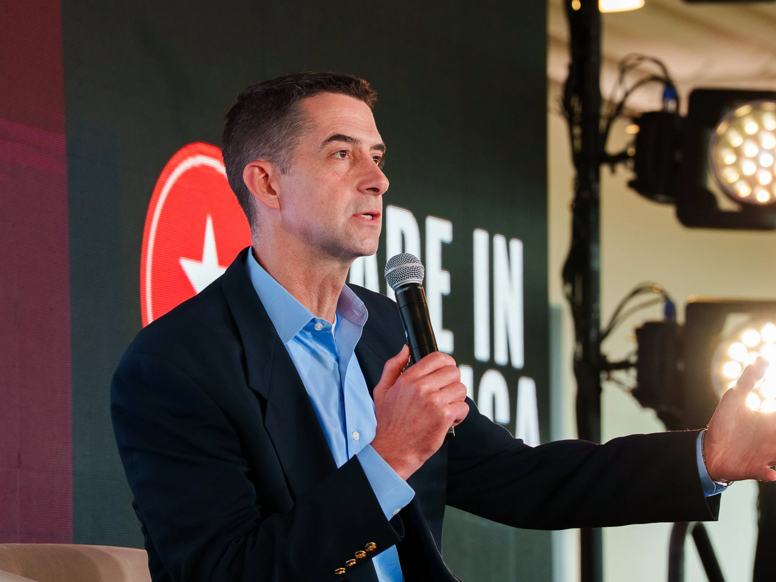 Event photography of Tom Cotton speaking at the Made in America event in Northwest Arkansas hosted by the University of Arkansas.