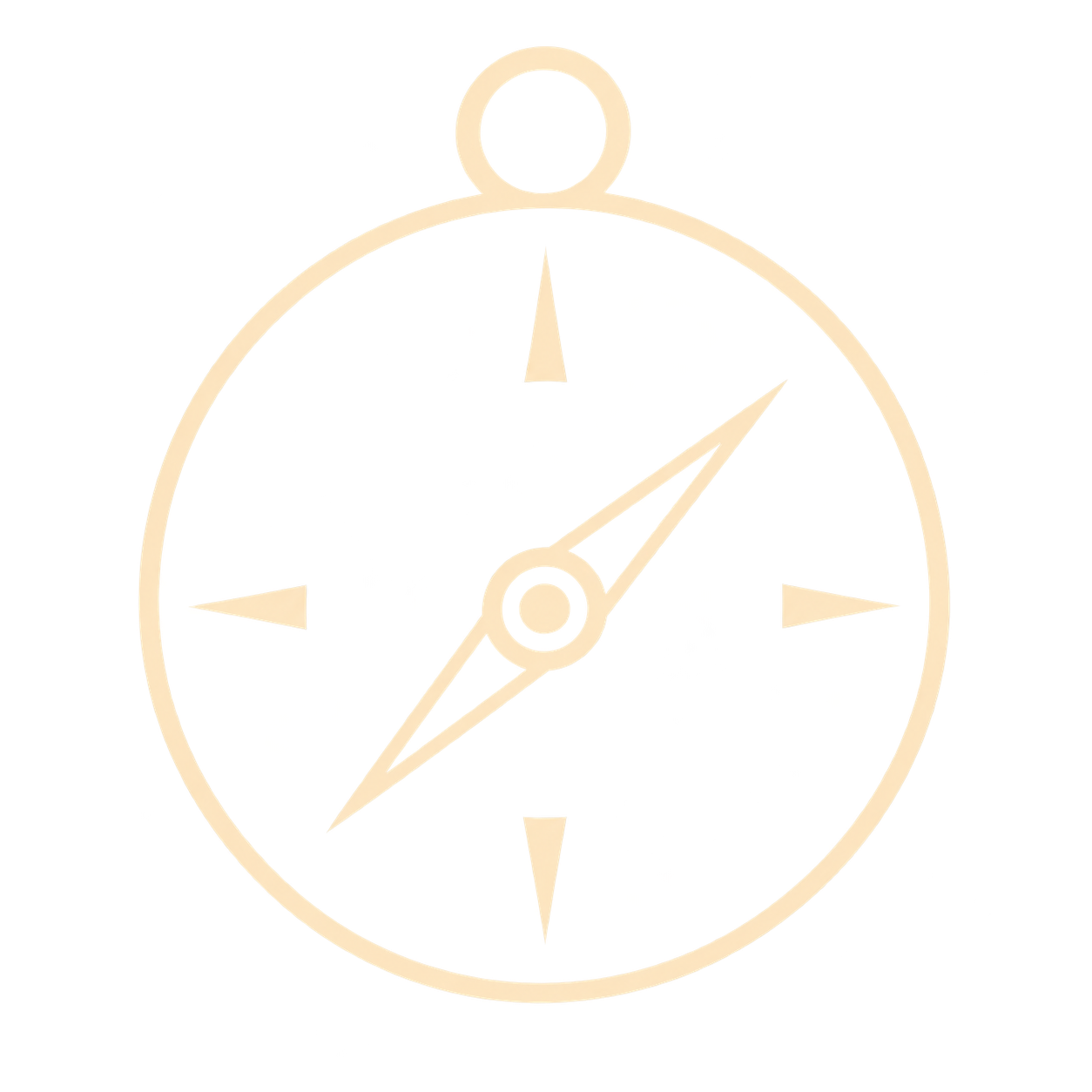 A compass with a gold finish showing the North direction at the top, North-East at the upper right, South-East in the lower right, South at the bottom, South-West in the lower left, North-West in the upper left, and the needle pointing between North and North-East.