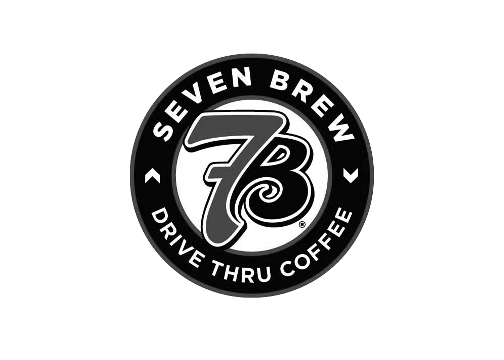 Black and white circular logo with text "Seven Brewing" at the top and "Drive Thru Coffee" at the bottom, with a stylized number 7 and coffee swirl in the center.