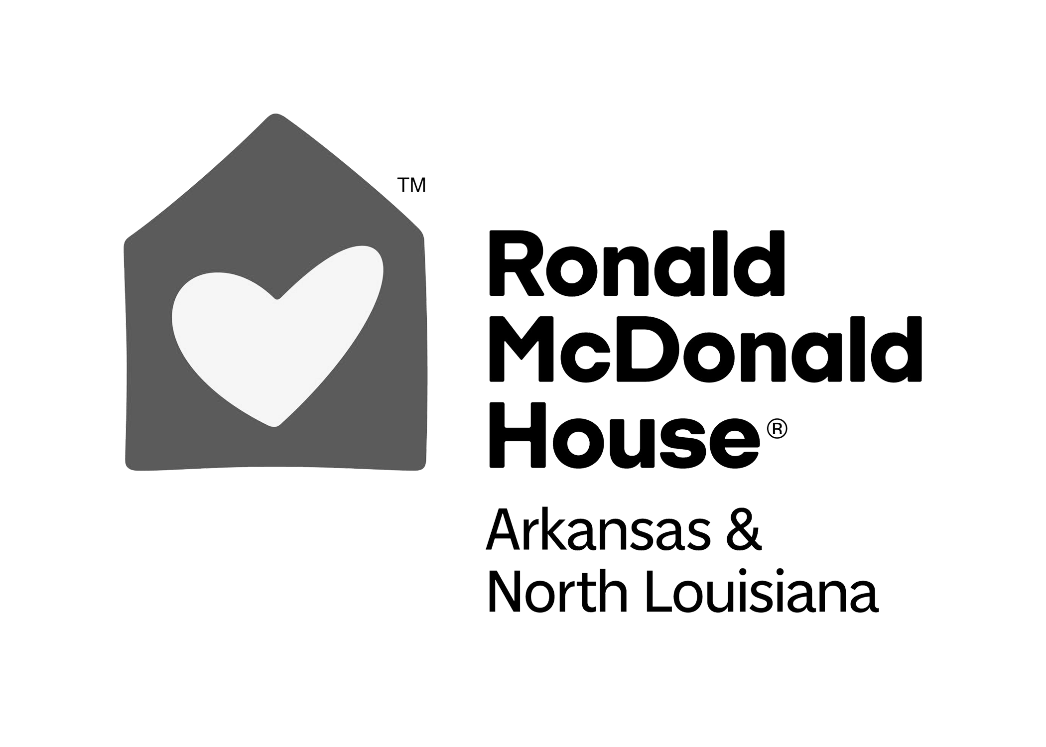 Black and white logo of The Ronald McDonald House, featuring a house with a heart inside and the text 'Ronald McDonald House Arkansas & North Louisiana'.