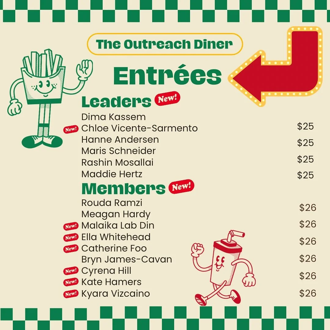 Hello everybody, welcome to the new Outreach year! We are so excited to announce a whole bunch of new members and crews working together to make this year even better than the last. What are you most excited for this year?

Thanks for dining with us!