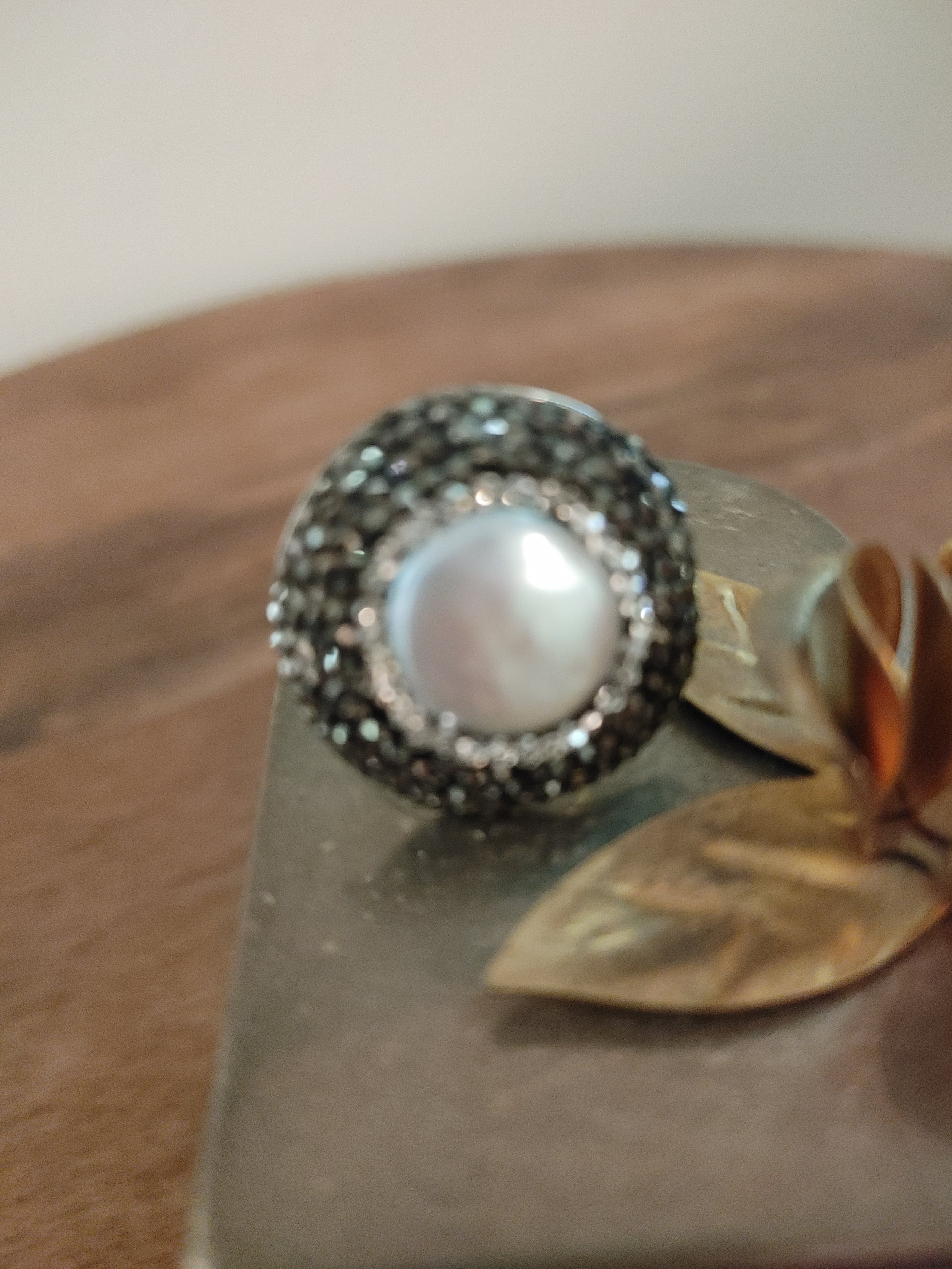 Faux Black Crystal and Pearl Cocktail Ring